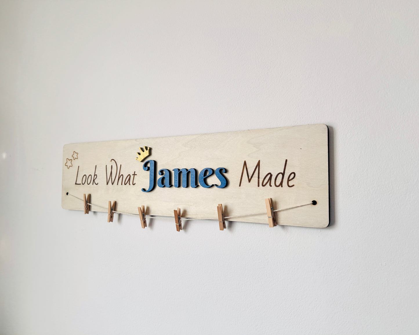 Personalized wooden kids artwork display sign, perfect for playroom and nursery wall decor.