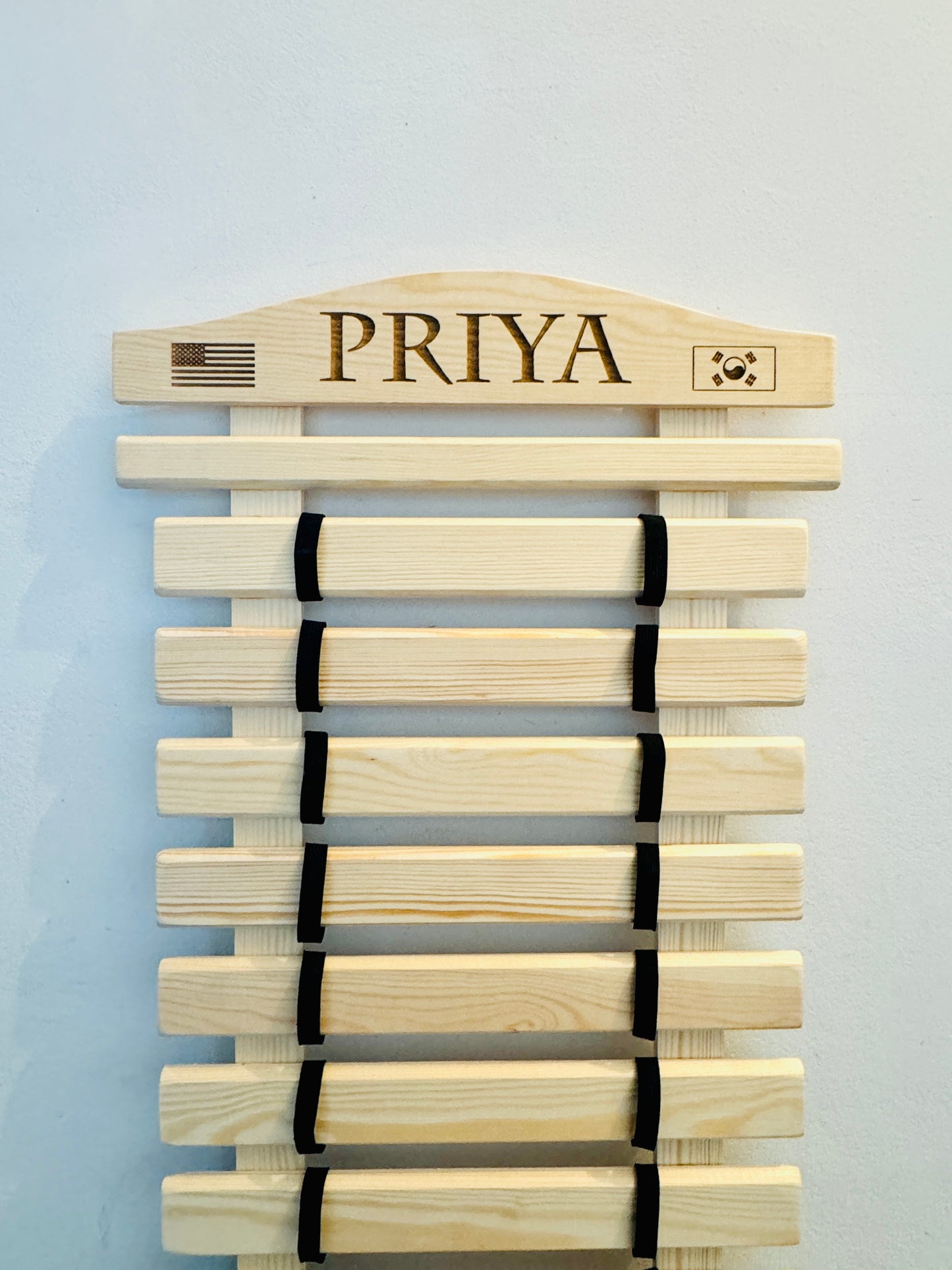 Personalized karate belt display rack for martial arts, taekwondo, jiu-jitsu, BJJ, Solid Wood handmade organizer for showcasing earned belts.