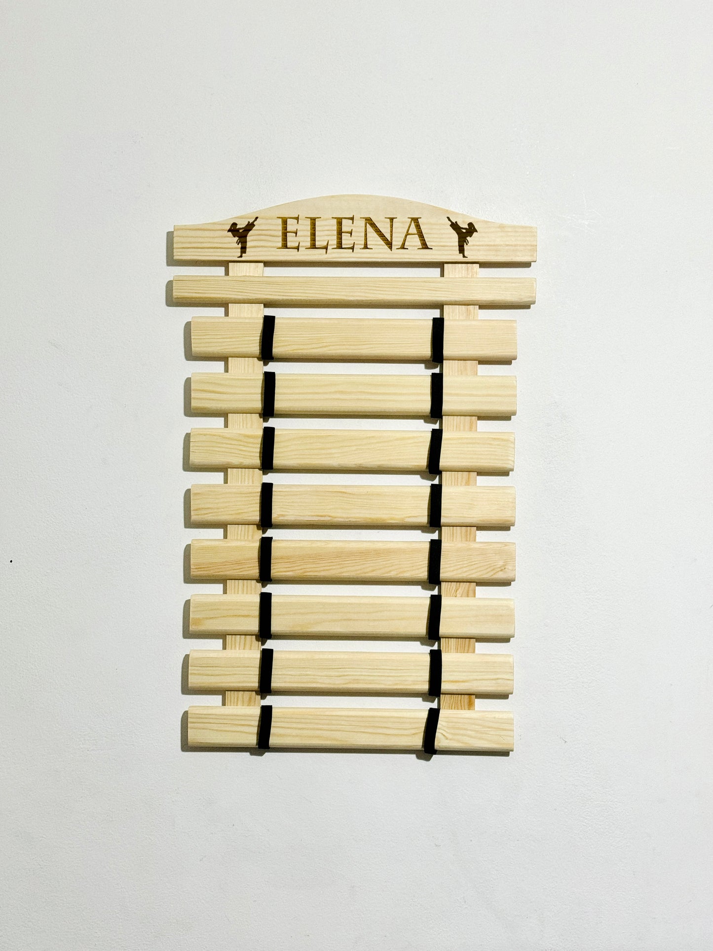 Personalized karate belt display rack for martial arts, taekwondo, jiu-jitsu, BJJ, Solid Wood handmade organizer for showcasing earned belts.