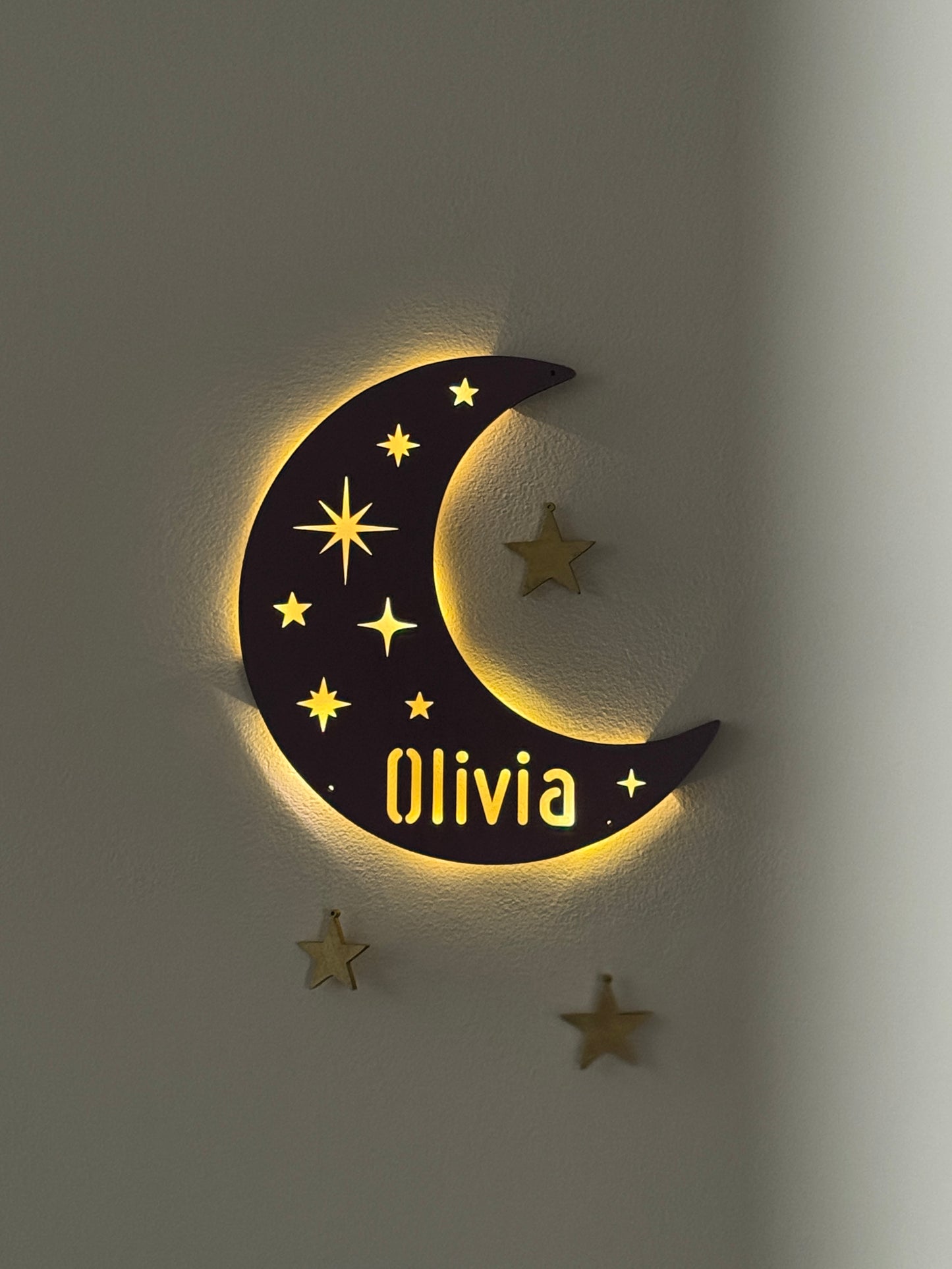Personalized half moon LED wall light with name and hanging stars – perfect for nursery or kids’ room night light.