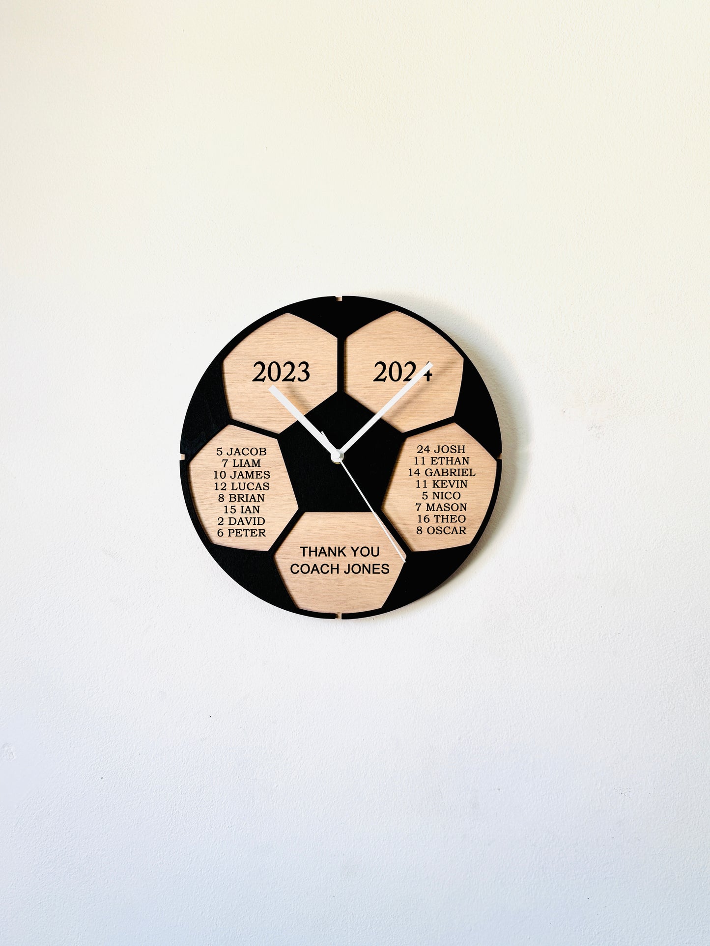 Personalized soccer coach wall clock sign with player names, custom football team thank you gift, end-of-season senior night award keepsake
