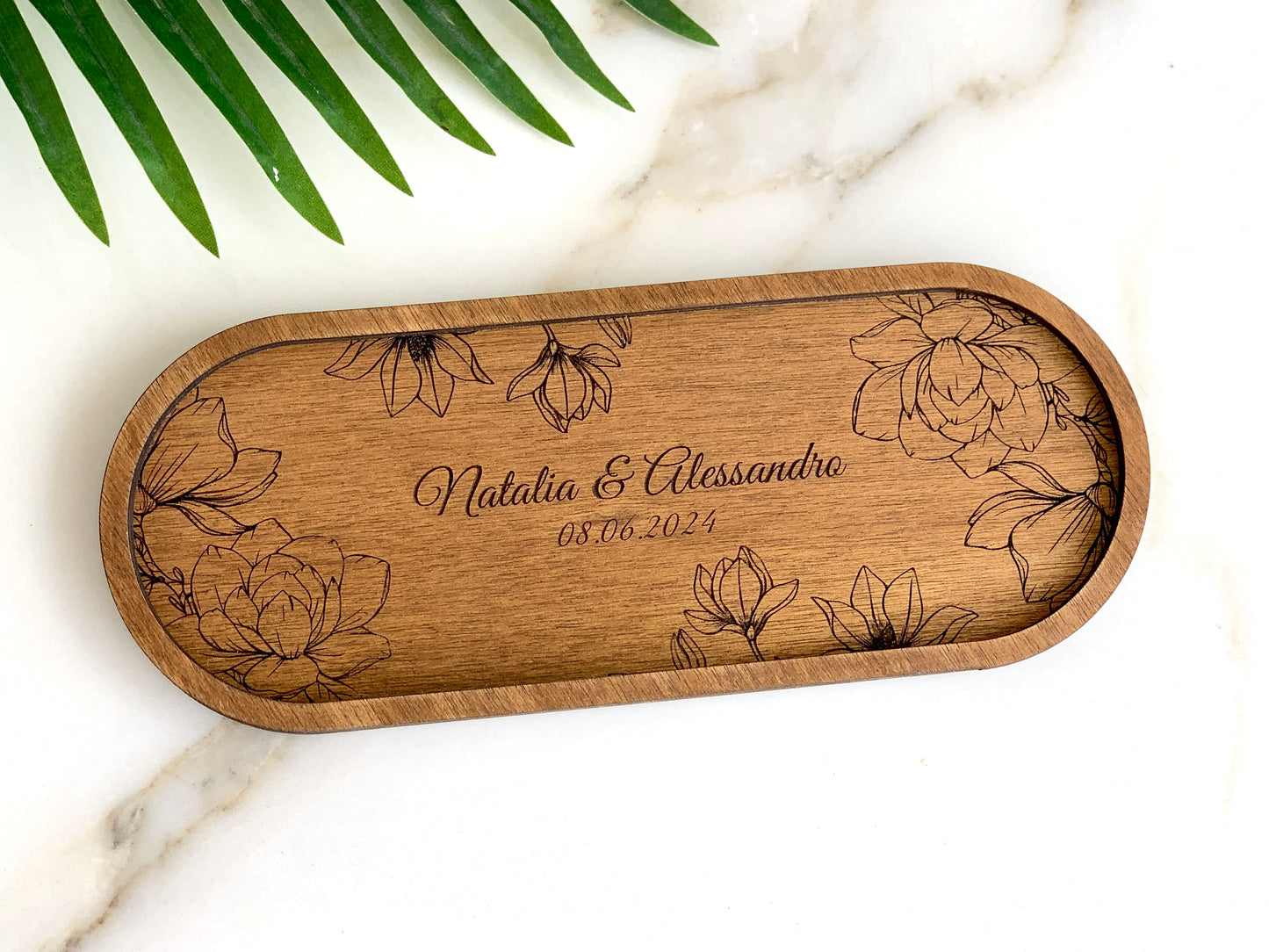 Personalized Wooden Jewelry Tray: Engraved Oval Floral Vanity Organizer