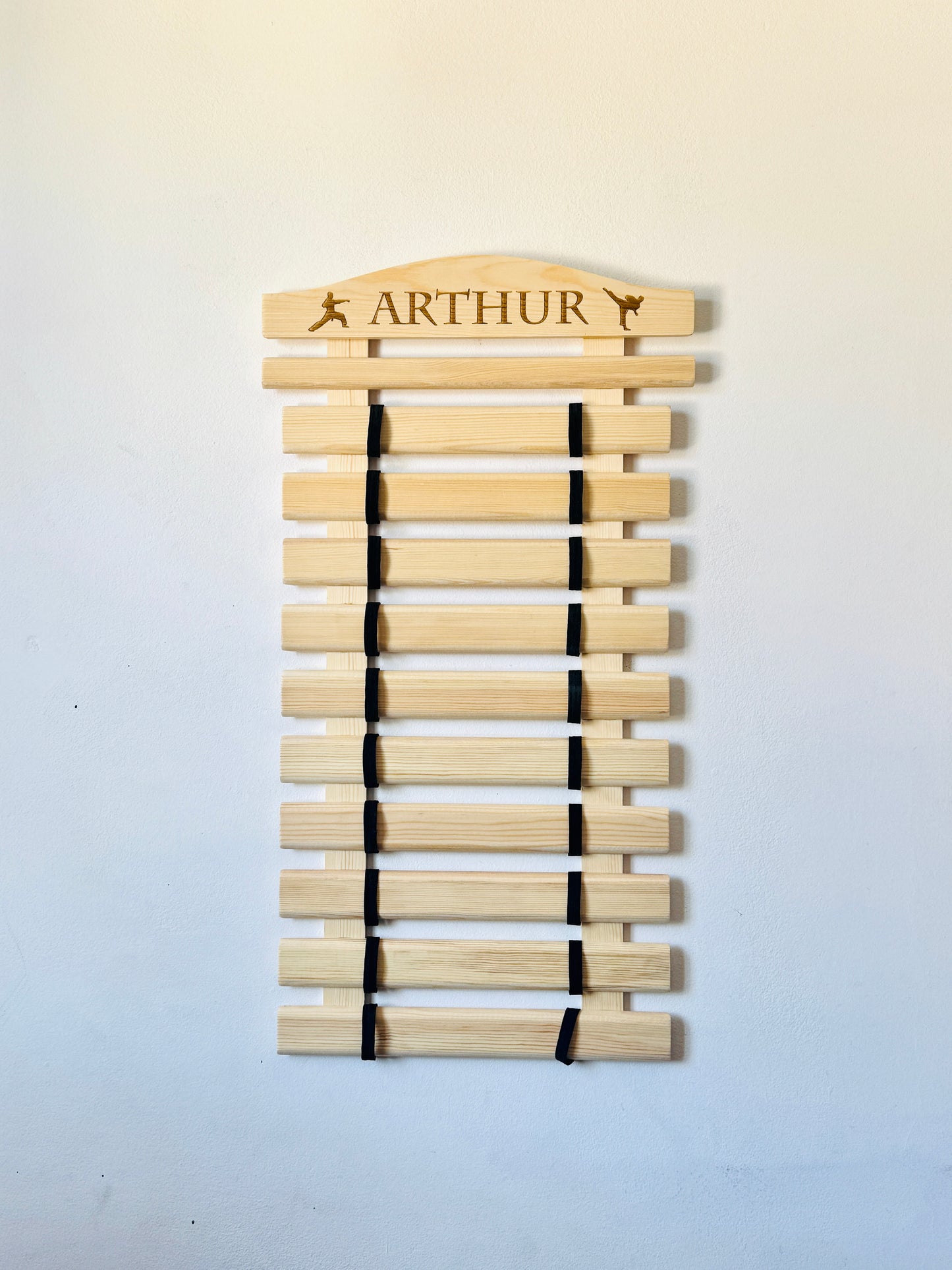 Personalized karate belt display rack for martial arts, taekwondo, jiu-jitsu, BJJ, Solid Wood handmade organizer for showcasing earned belts.