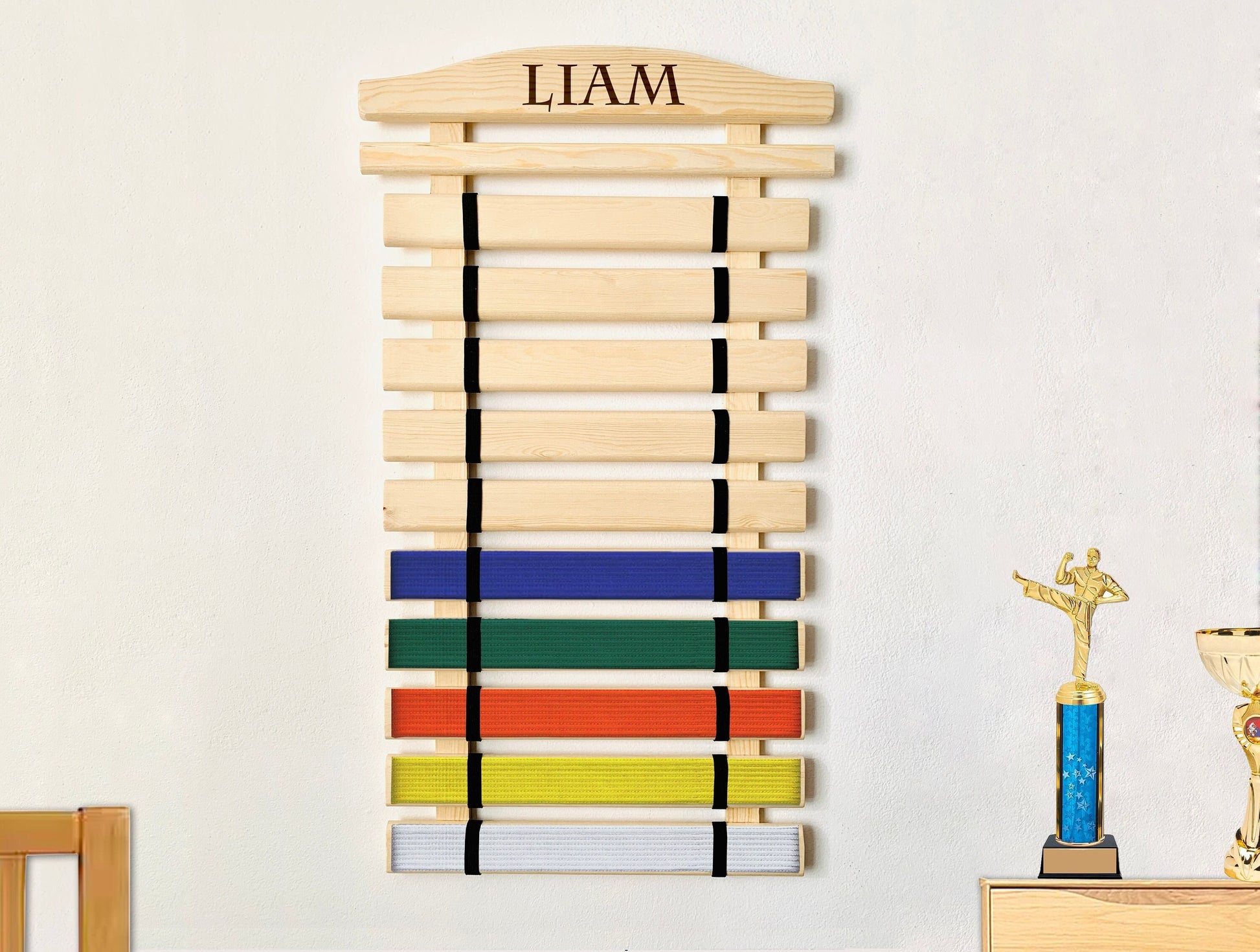 Personalized wooden karate belt display rack with engraved name