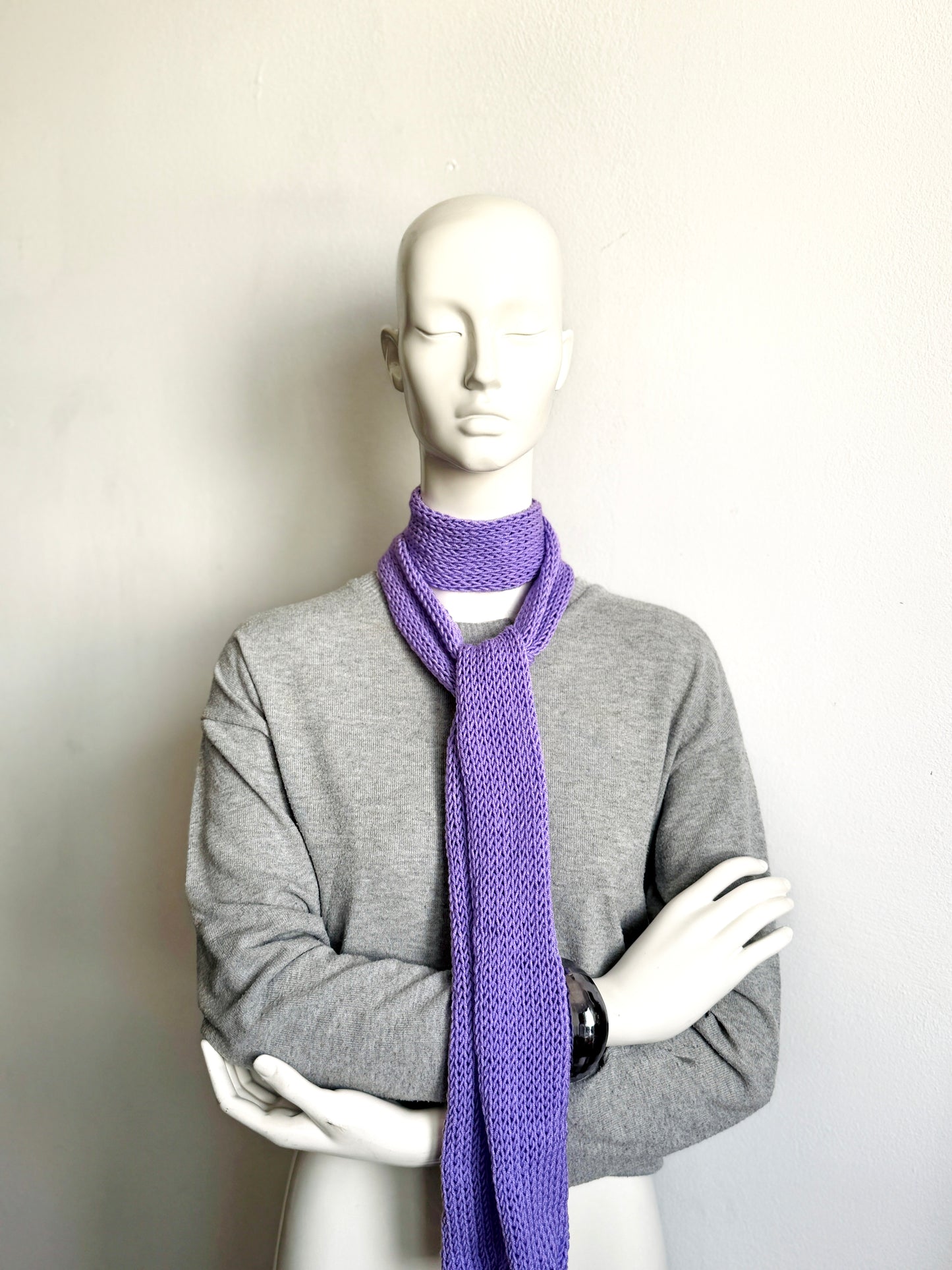 Handmade lilac skinny scarf, knitted lavender long thin winter scarf for women.