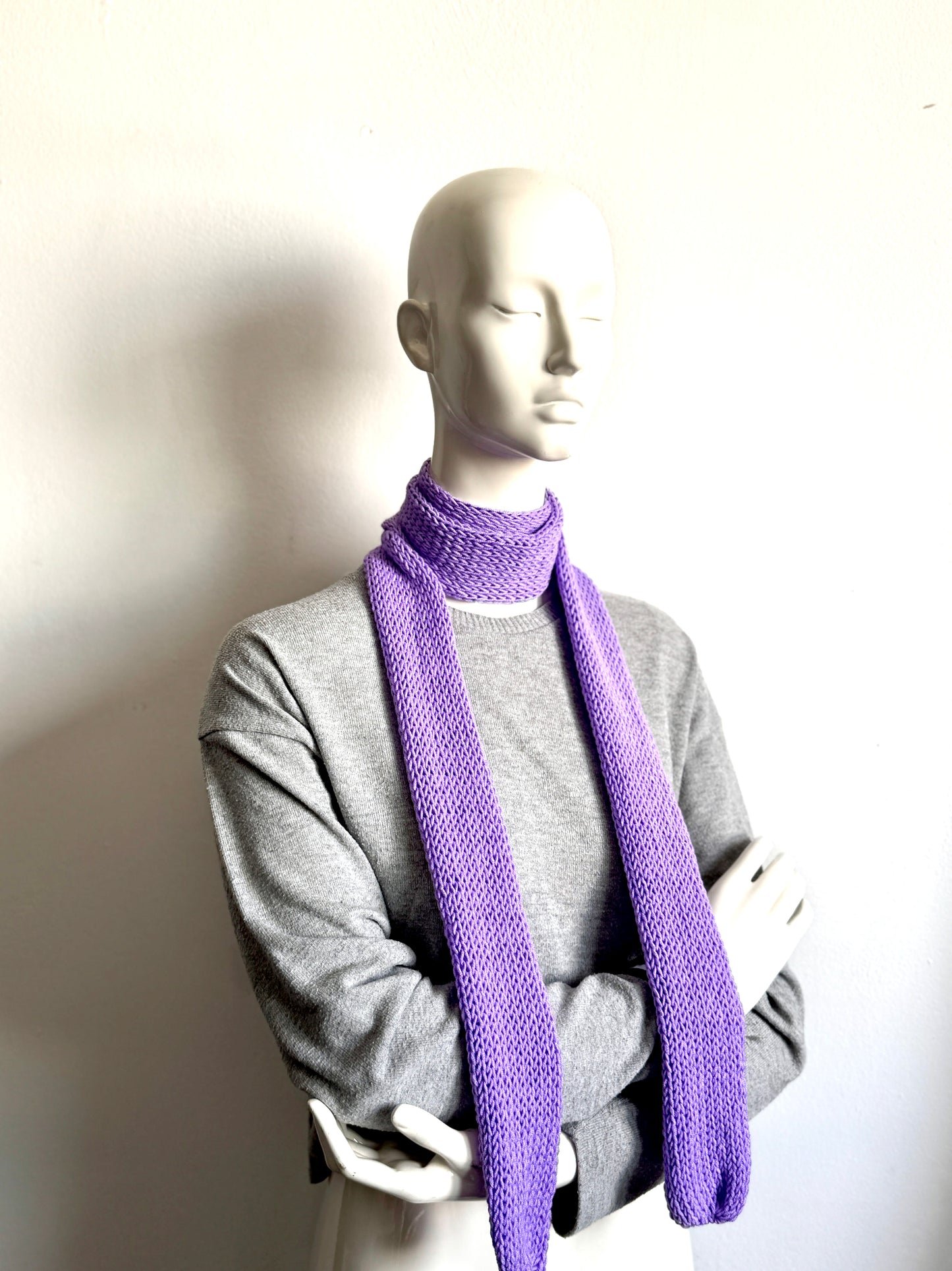Handmade lilac skinny scarf, knitted lavender long thin winter scarf for women.