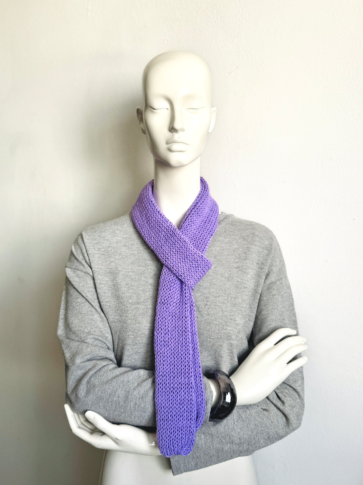 Handmade lilac skinny scarf, knitted lavender long thin winter scarf for women.