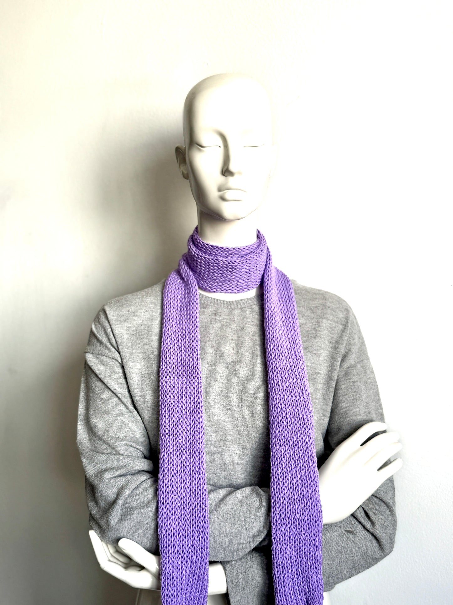 Handmade lilac skinny scarf, knitted lavender long thin winter scarf for women.