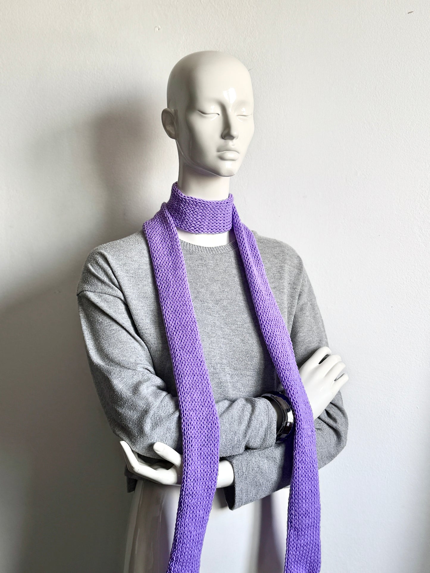 Handmade lilac skinny scarf, knitted lavender long thin winter scarf for women.