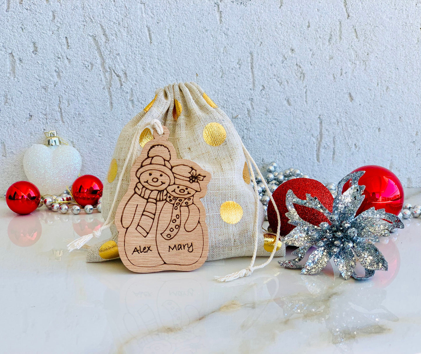 Personalized Snowman Couple Wood Ornament: Engraved Christmas Tree Decor