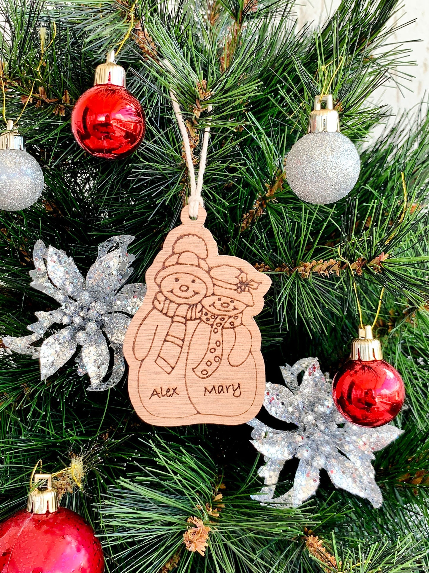 Personalized Snowman Couple Wood Ornament: Engraved Christmas Tree Decor