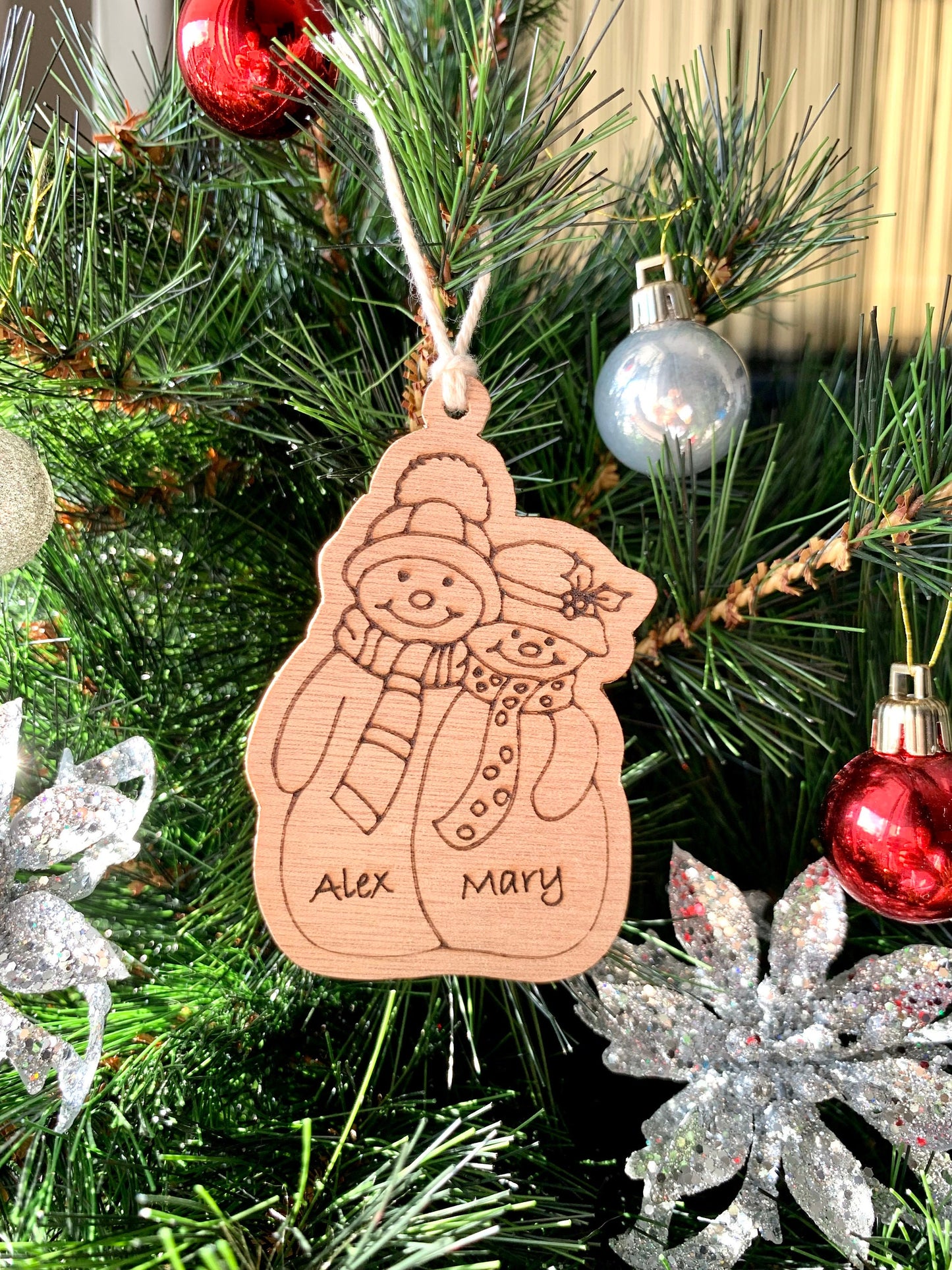 Personalized Snowman Couple Wood Ornament: Engraved Christmas Tree Decor