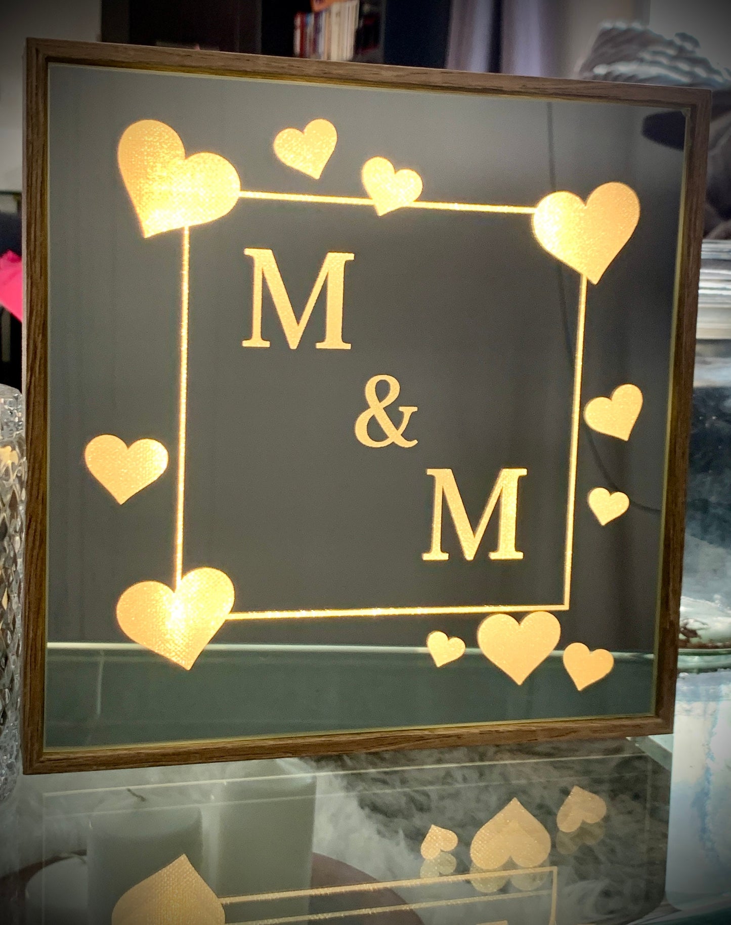 Personalized Engraved Mirror Sign with LED Lights, Couples Names, Initials Monogram, Freestanding Plaque, Valentine's Wedding Newlyweds Gift