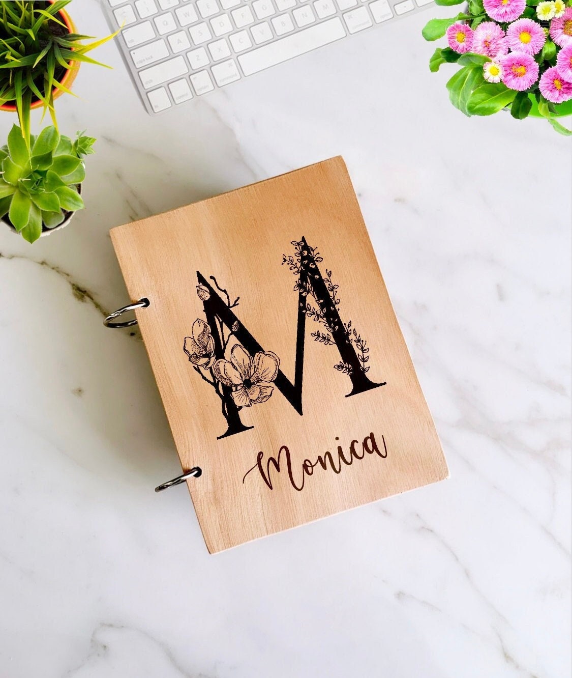 Personalized Wooden Notebook: Engraved Floral Monogram Journal, Custom Planner