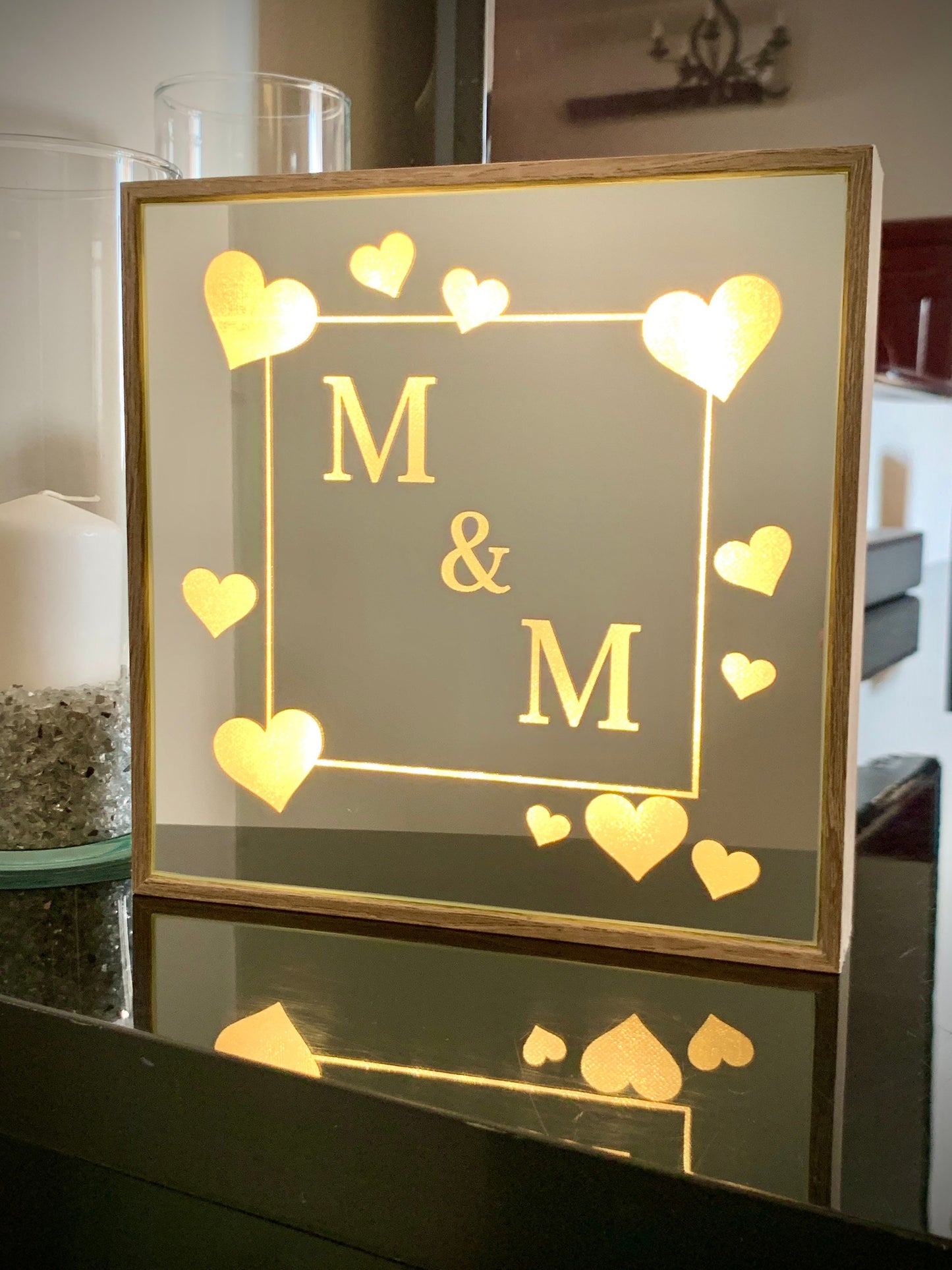 Personalized Engraved Mirror Sign with LED Lights, Couples Names, Initials Monogram, Freestanding Plaque, Valentine's Wedding Newlyweds Gift