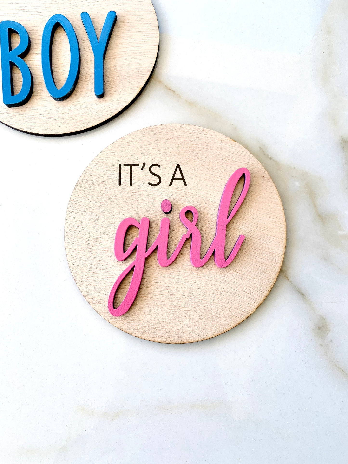 5.5" Its a Boy Its a Girl Round Wood Plaque Baby Announcement Sign 3D Wooden Nursery Name Plaque Gender Pregnancy Reveal Baby Photo Prop Sign