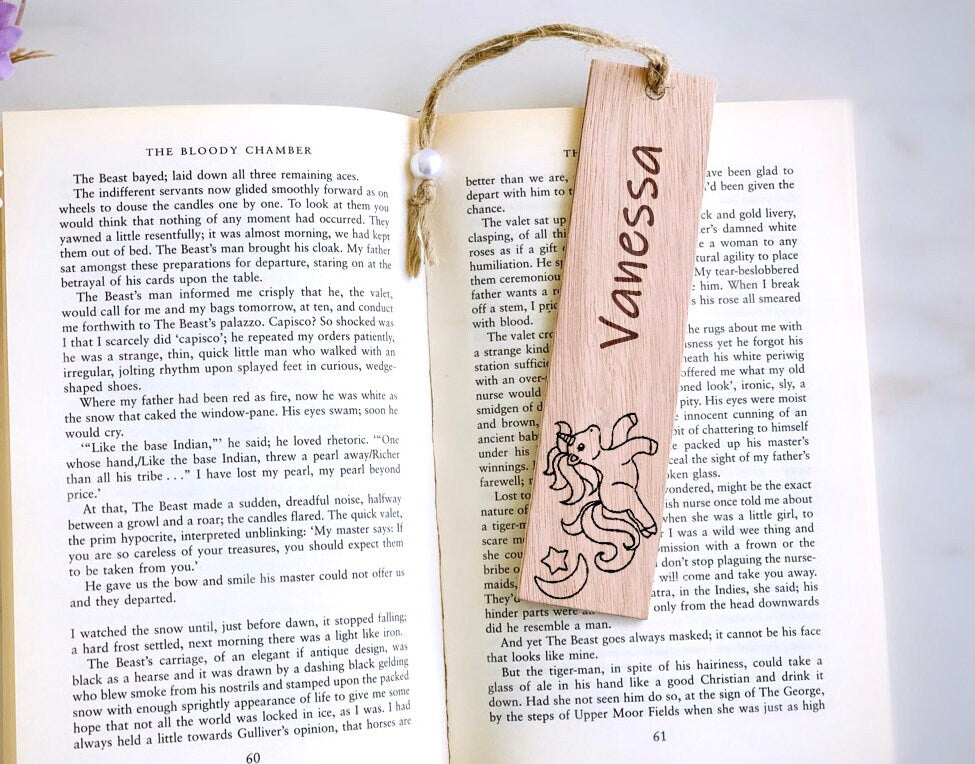 Personalized Unicorn Bookmark: Engraved Wood, Custom Name Gift