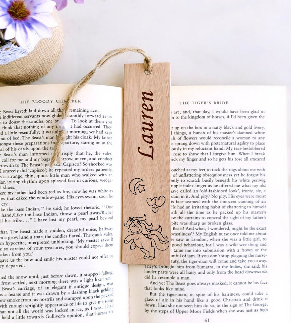Personalized Unicorn Bookmark: Engraved Wood, Custom Name Gift