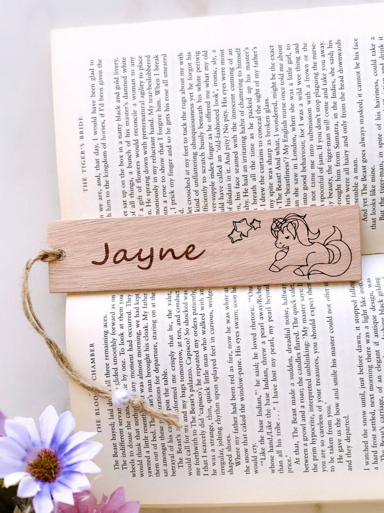 Personalized Unicorn Bookmark: Engraved Wood, Custom Name Gift