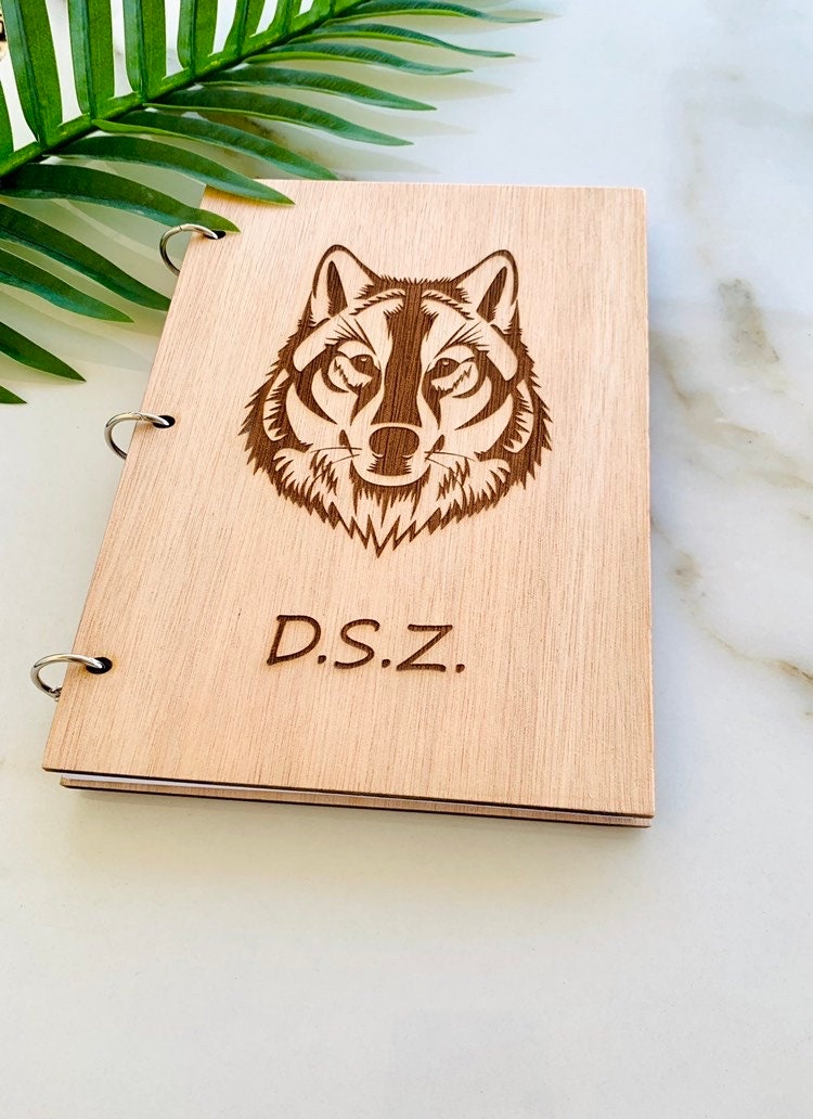 Engraved Wolf Notebook: Personalized Wooden Journal, A5/A6/A4 Sketchbook