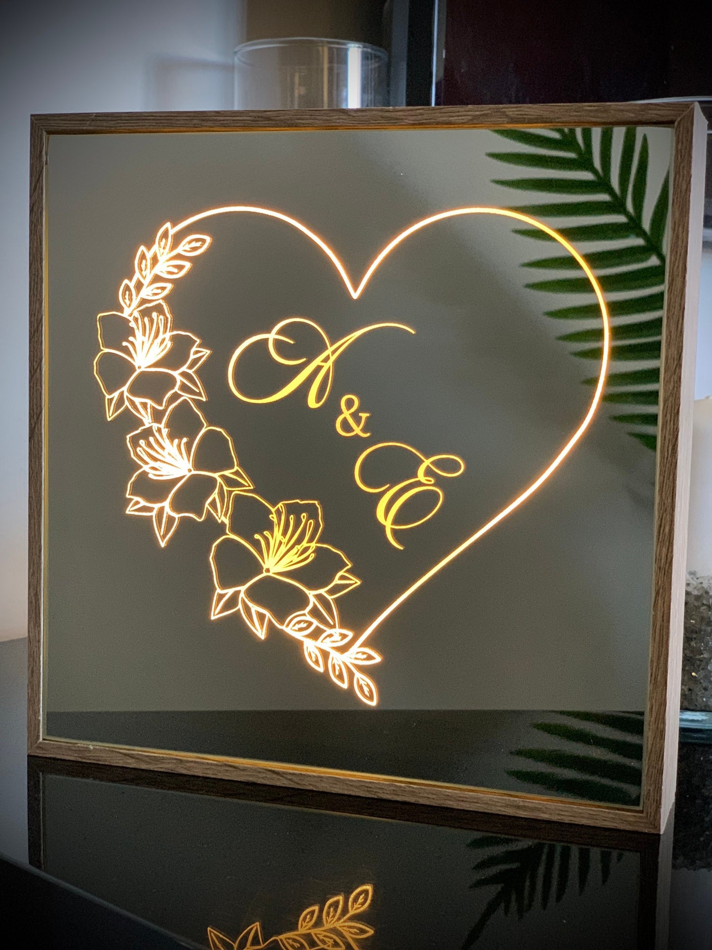 Personalized Engraved Mirror Sign with LED Lights, Couples Names, Initials Monogram, Freestanding Plaque, Valentine's Wedding Newlyweds Gift