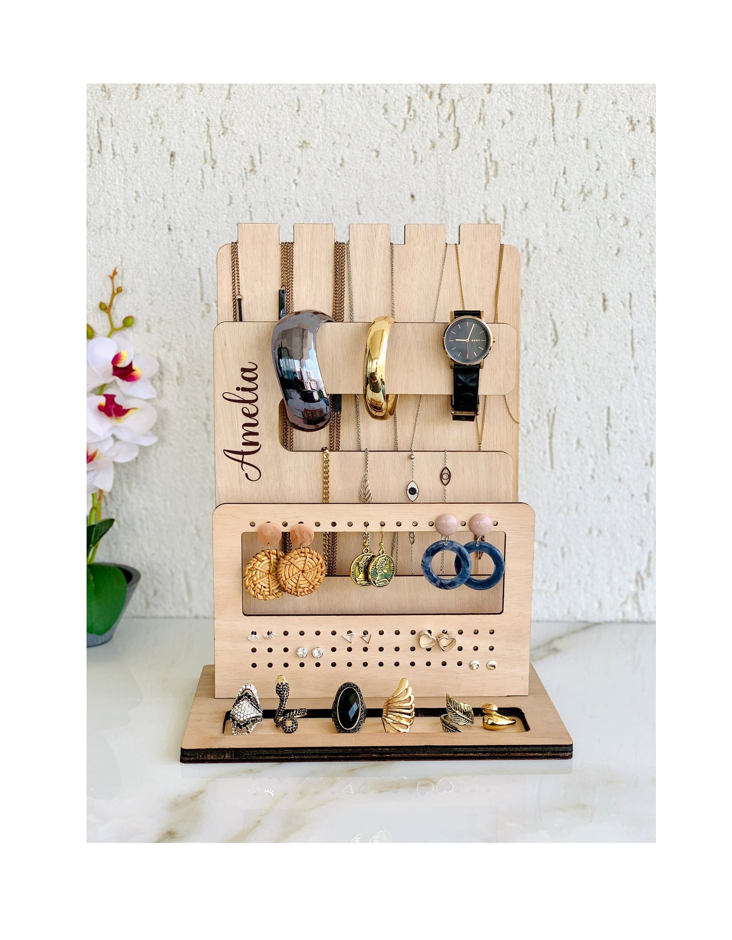 Personalized Wood Jewelry Stand Organizer: Nightstand Display