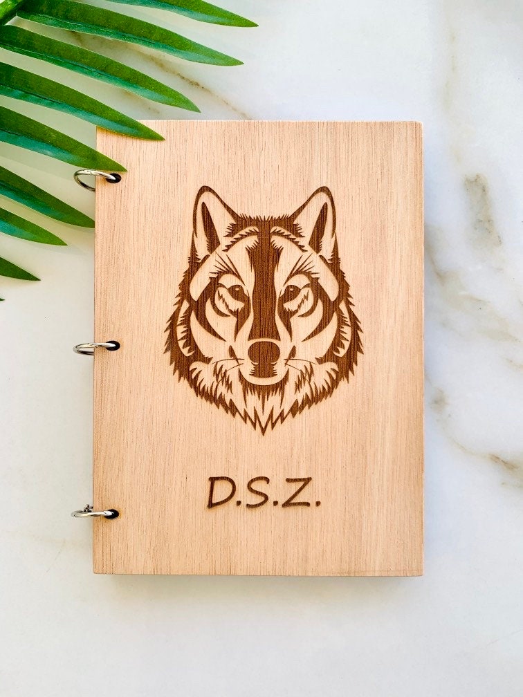 Engraved Wolf Notebook: Personalized Wooden Journal, A5/A6/A4 Sketchbook