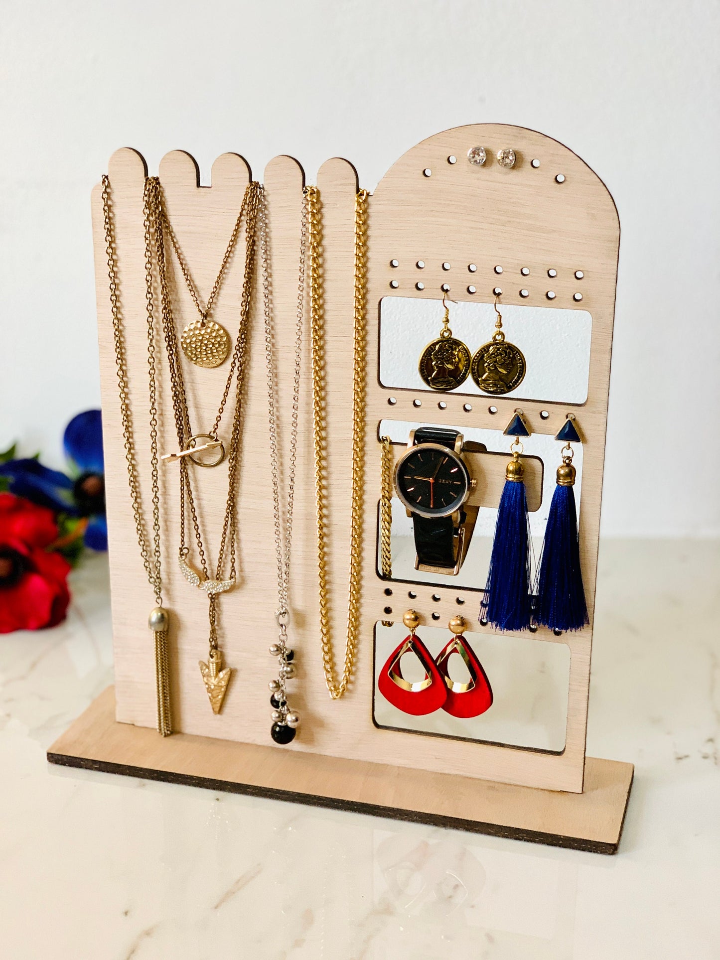 Personalized Wood Jewelry Organizer Stand: Necklace, Ring, Earring Holder