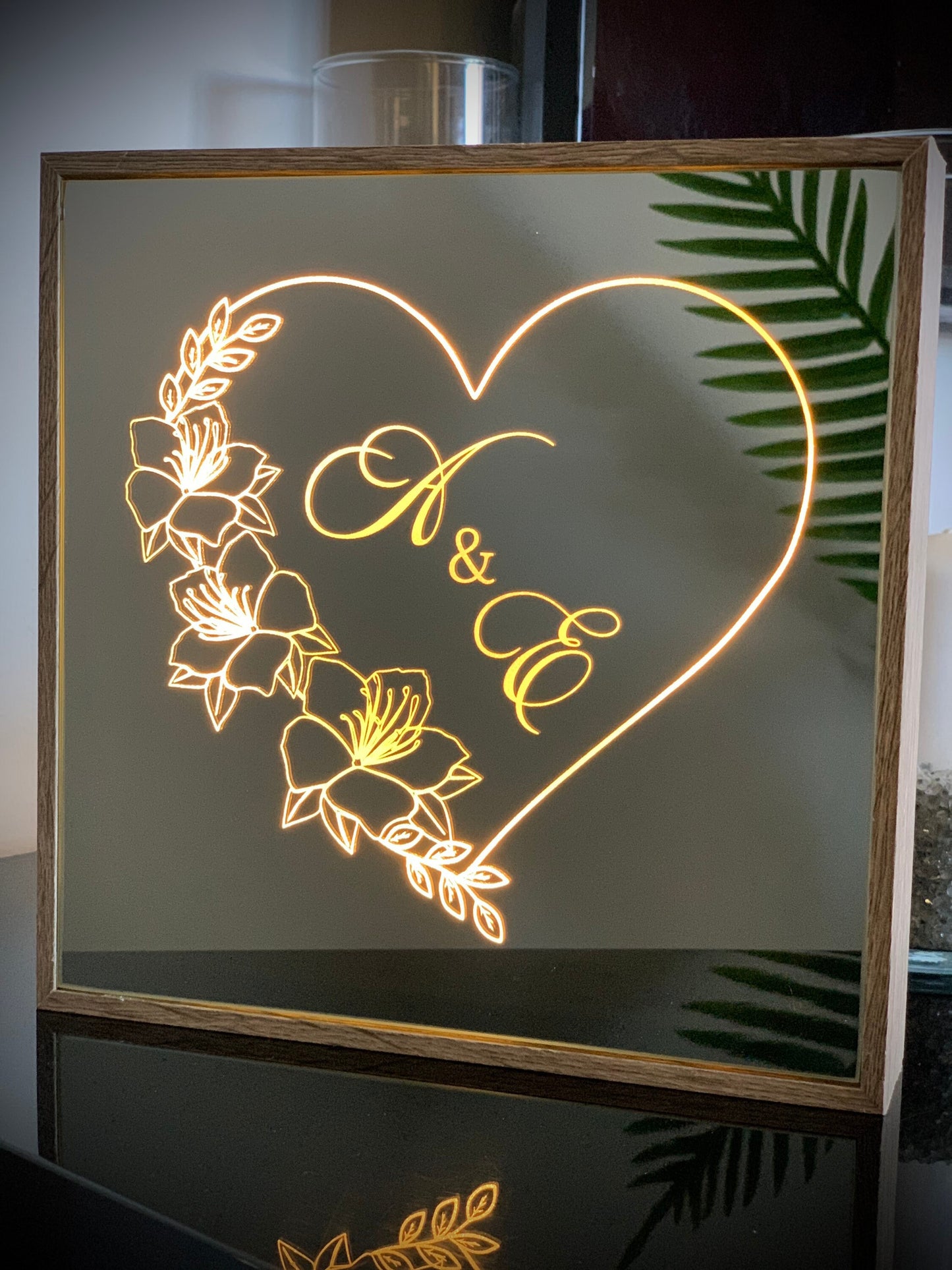 Personalized LED Mirror Monogram Sign - Engraved Couples Plaque - Framed Shadow Box - Valentines Wedding Newlyweds Gift