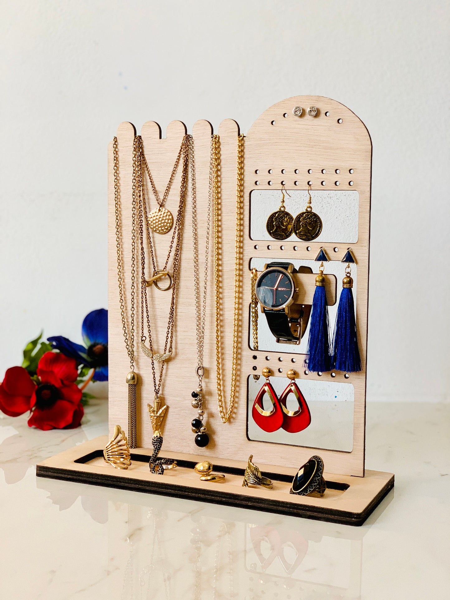 Personalized Wood Jewelry Organizer Stand: Necklace, Ring, Earring Holder