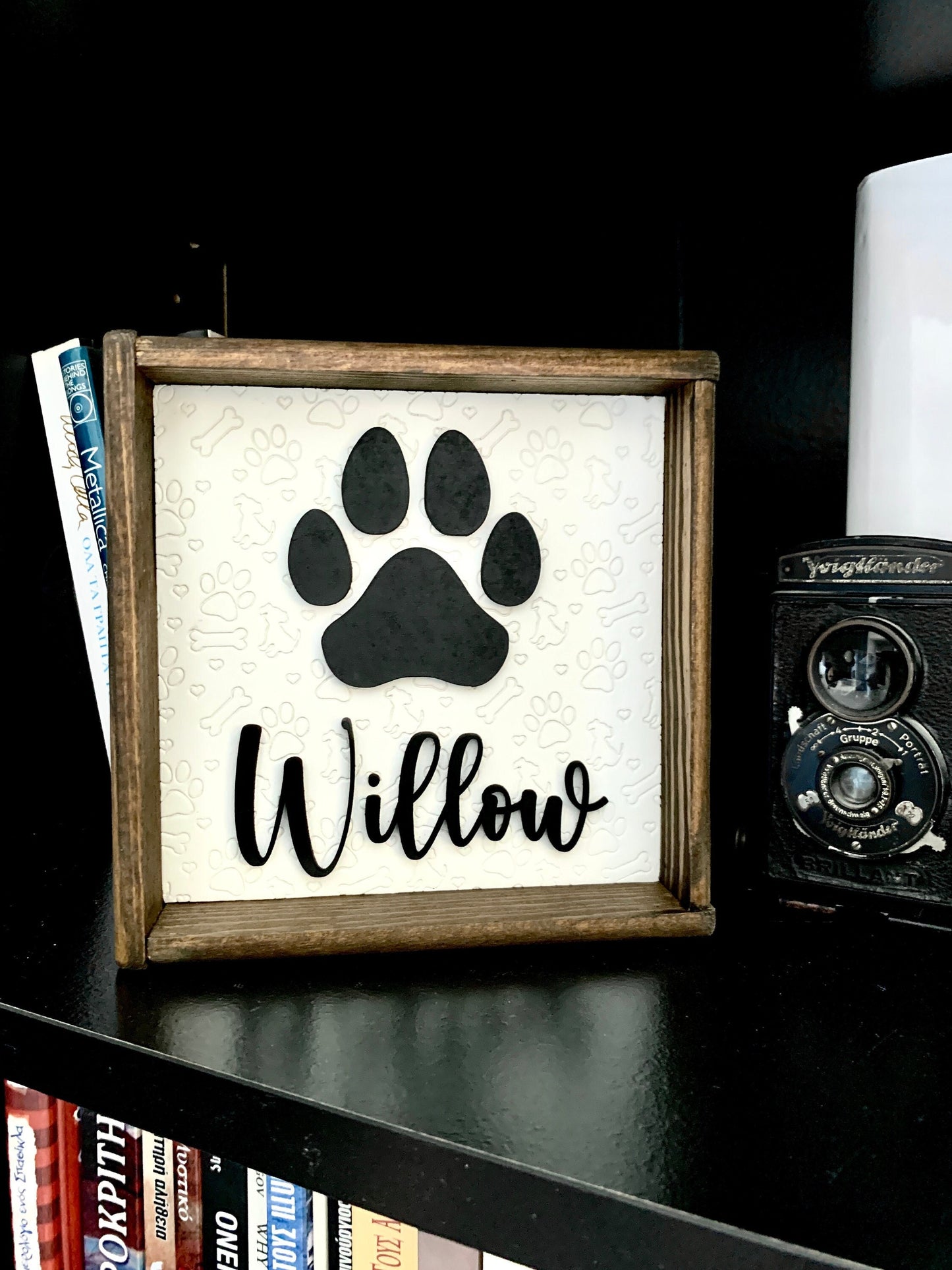 Custom Paw Print Pet Name Sign: Engraved Wood Framed Cat & Dog Decor