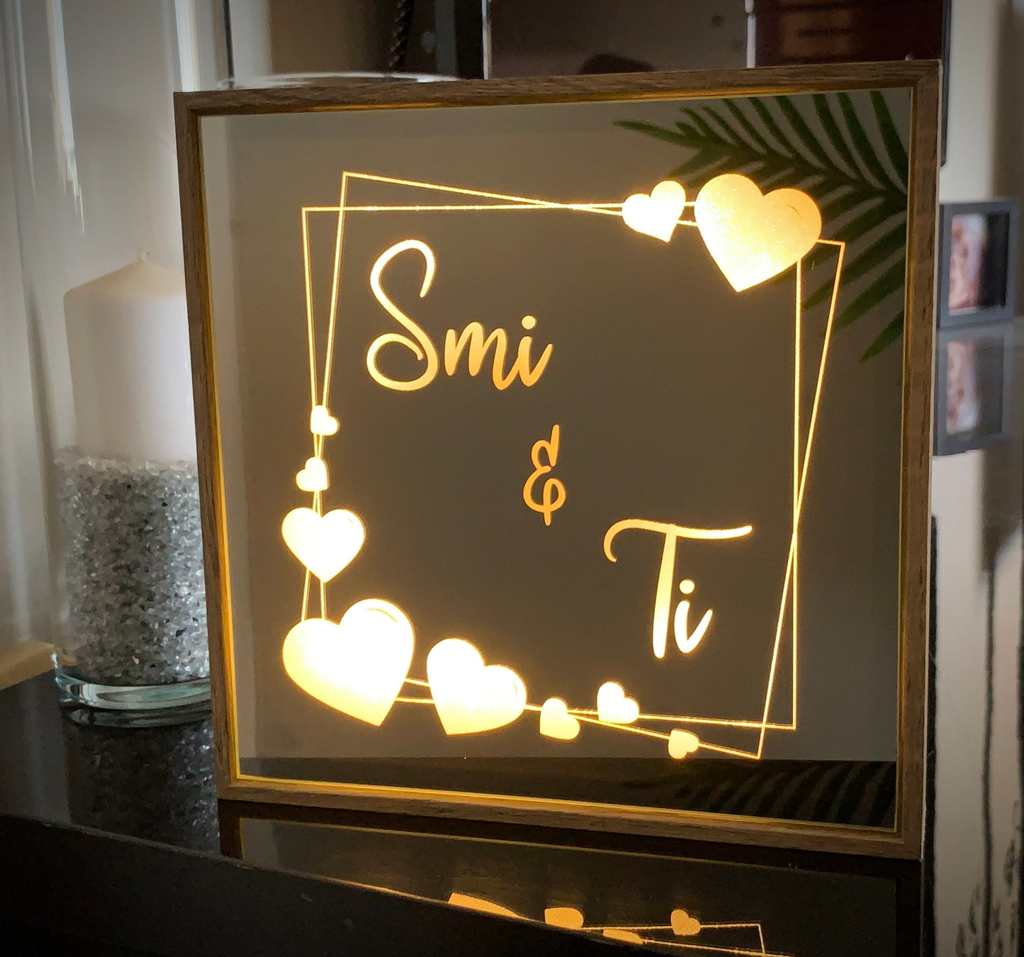 Personalized Etched Mirror Sign with LED Lights, Custom Name Initial Monogram - Freestanding Plaque - Valentine's Day Wedding Newlyweds Gift