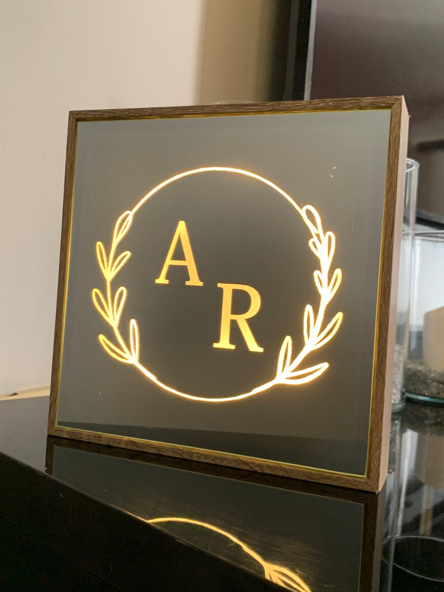Personalized Engraved Mirror Sign with LED Lights, Couples Names, Initials Monogram, Freestanding Plaque, Valentine's Wedding Newlyweds Gift