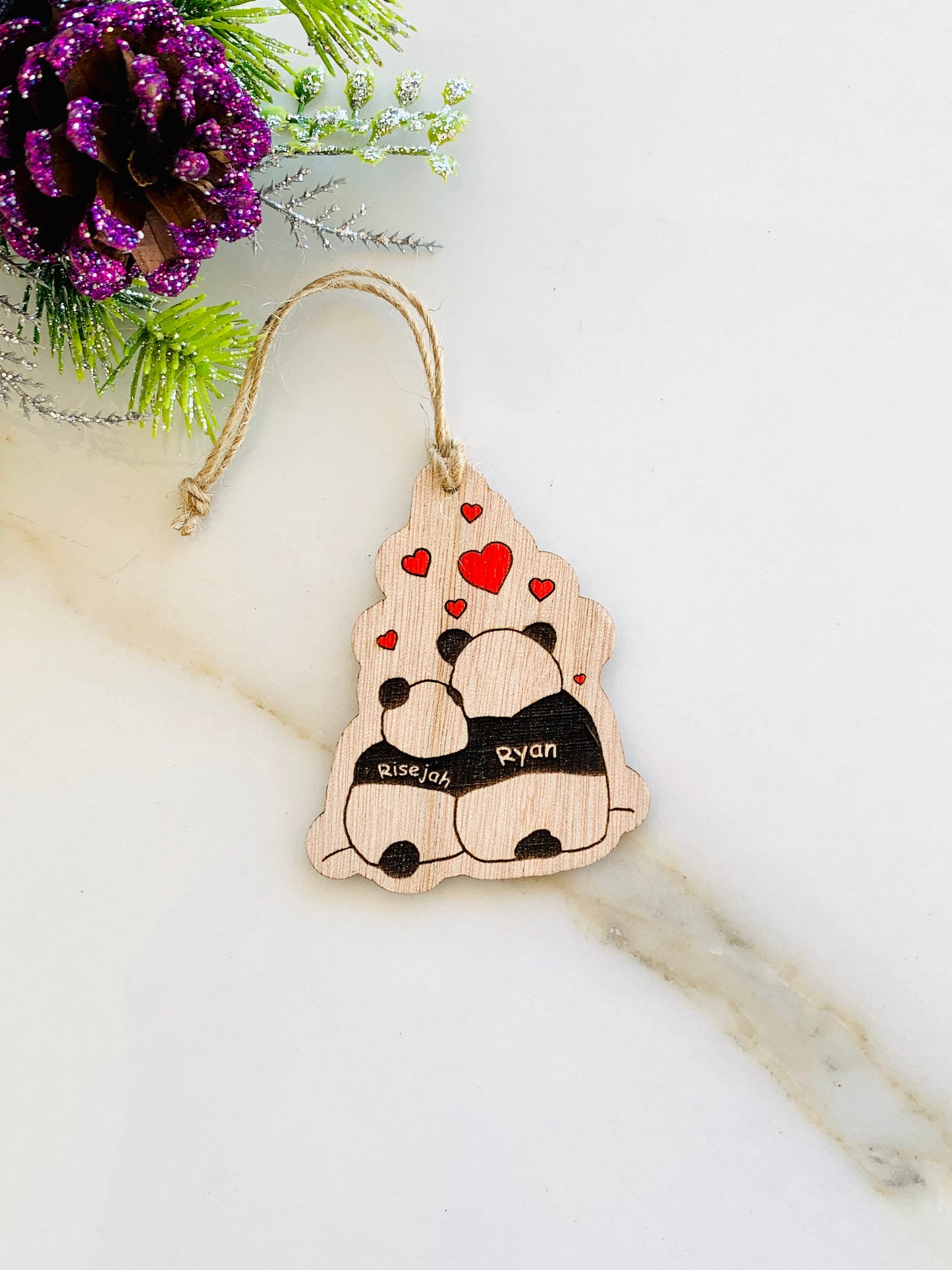 Panda Bear Couple Ornament Personalized, Panda Tags, Couple Names Ornament Our First Christmas Panda Ornament, Custom Engraved Wood Ornament