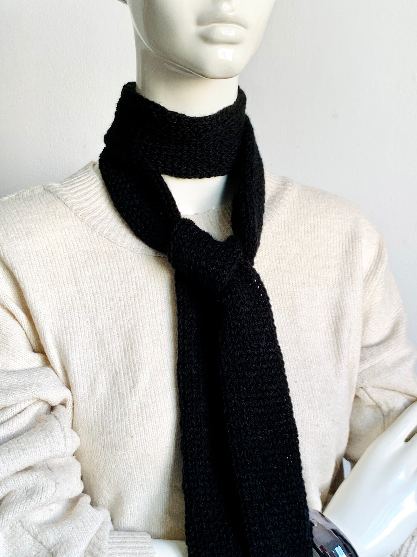 Skinny Scarf, Black Skinny Knit Scarf, Handmade Black Long Scarf Tie, Black Double Sided Tube Thin Scarf, Women Knitted Scarves