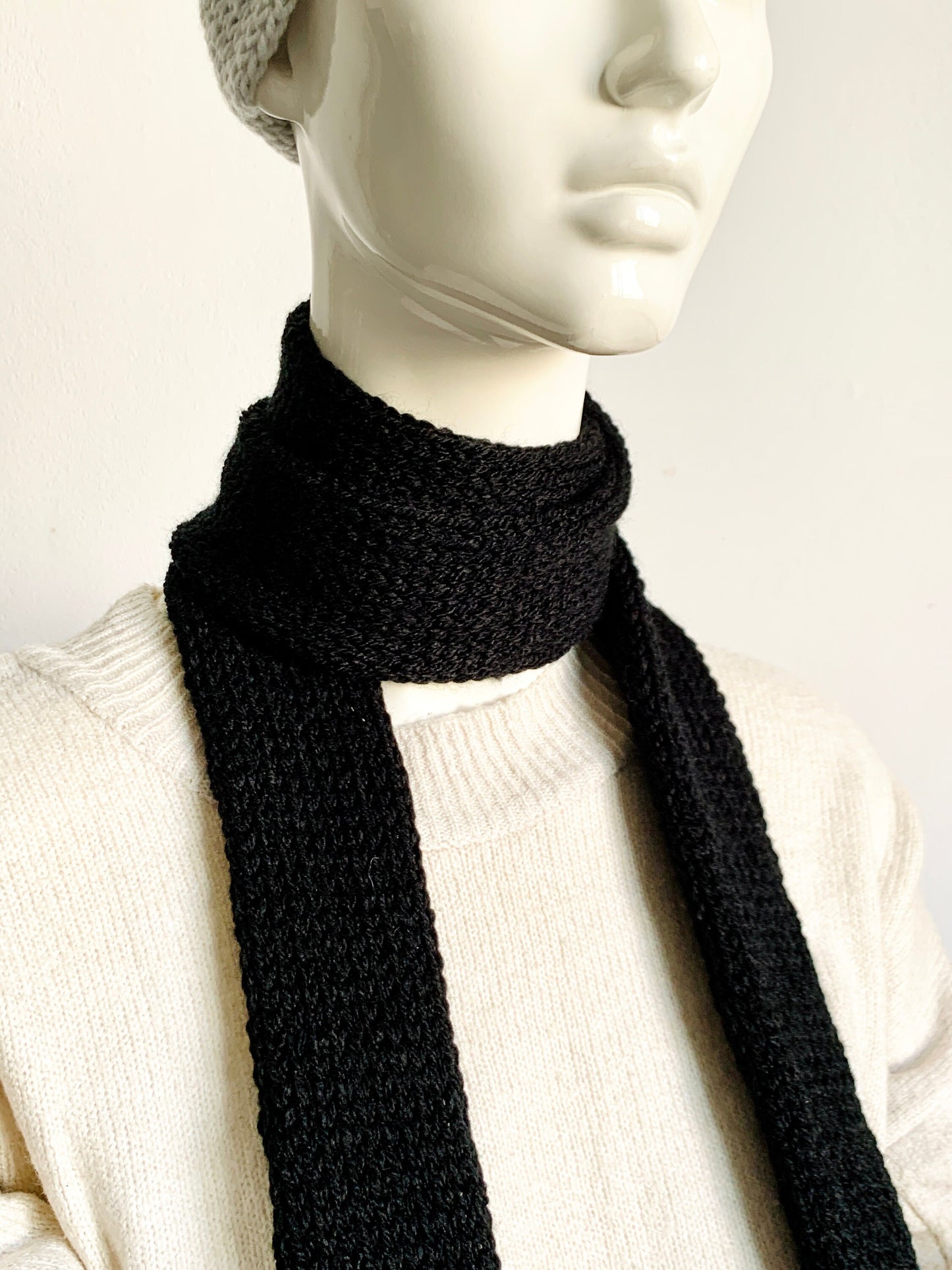 Skinny Scarf, Black Skinny Knit Scarf, Handmade Black Long Scarf Tie, Black Double Sided Tube Thin Scarf, Women Knitted Scarves