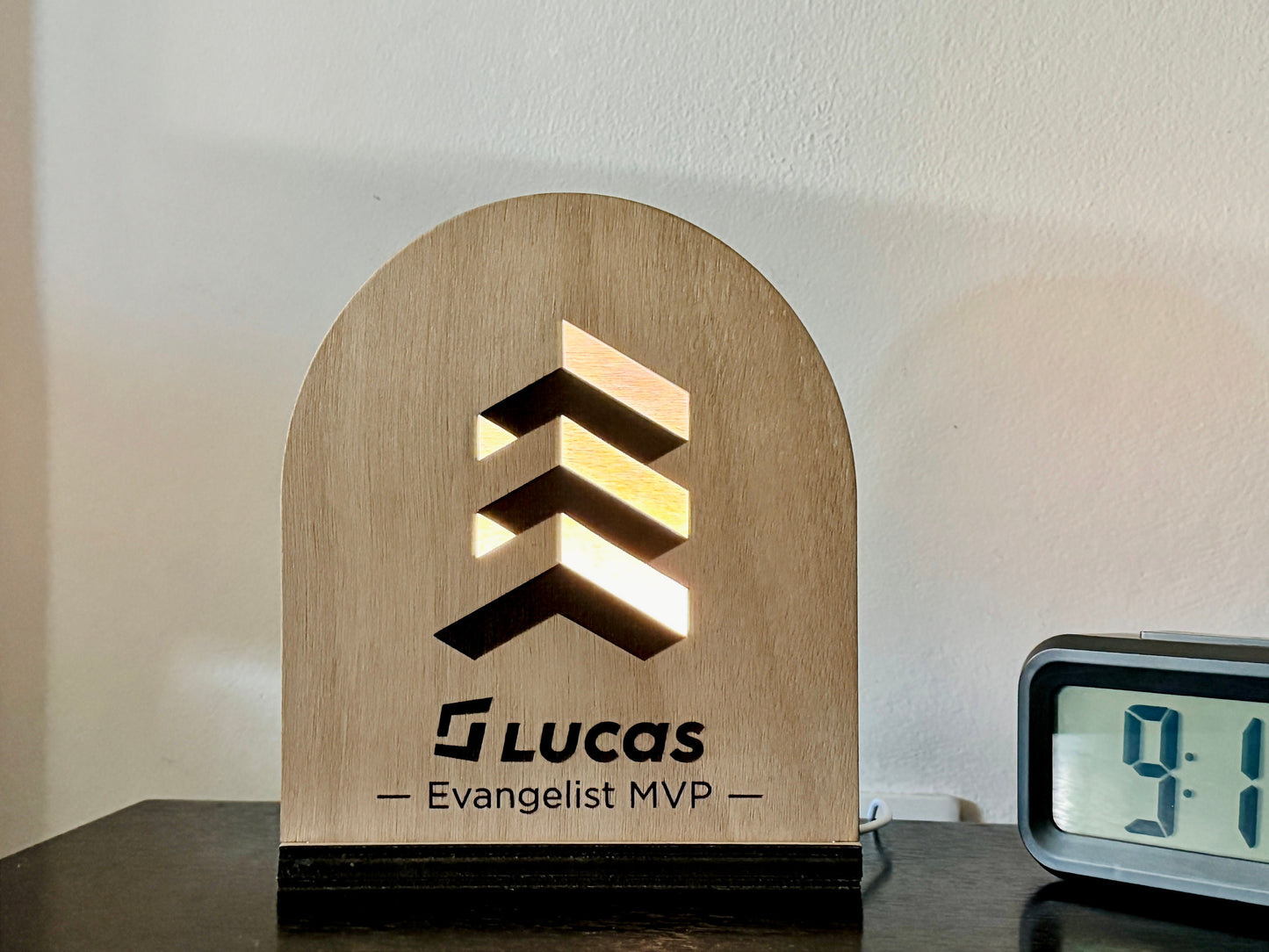 Custom Logo LED Light: Wood Arch Table Lamp, Corporate Gift with Brand Name