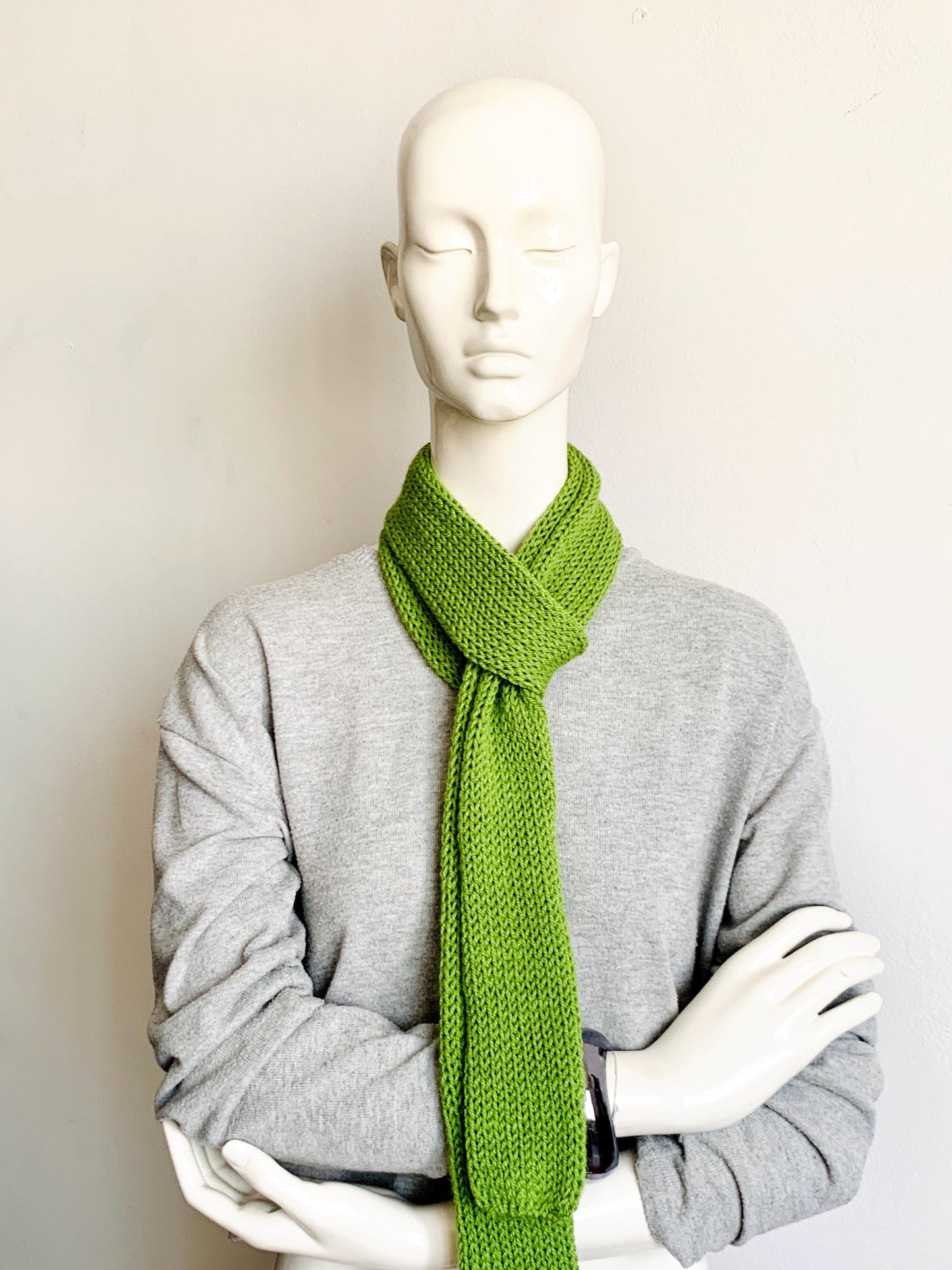 Handmade matcha green skinny scarf, knitted long tube scarf in sage green.