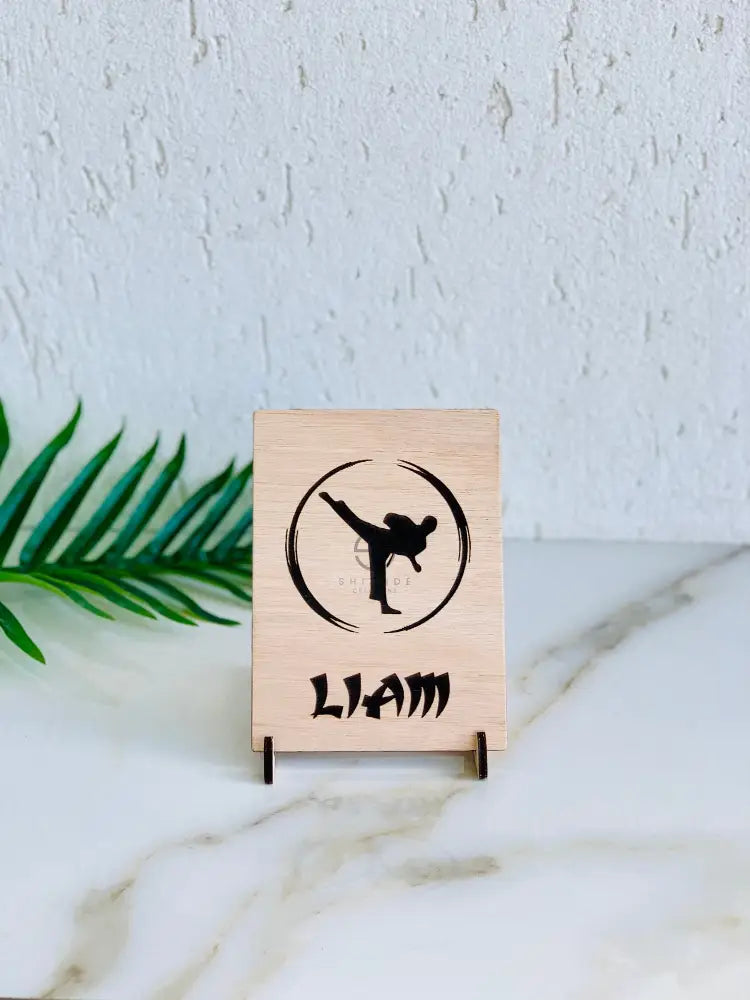 Personalized Martial Arts Wooden Birthday Card | Custom Name Karate, Taekwondo, Jiu-Jitsu Greeting Card | Engraved Message, With Table Stand