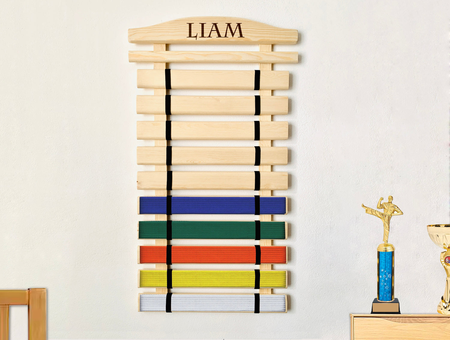 wooden martial arts belt display rack, personalized karate belt holder