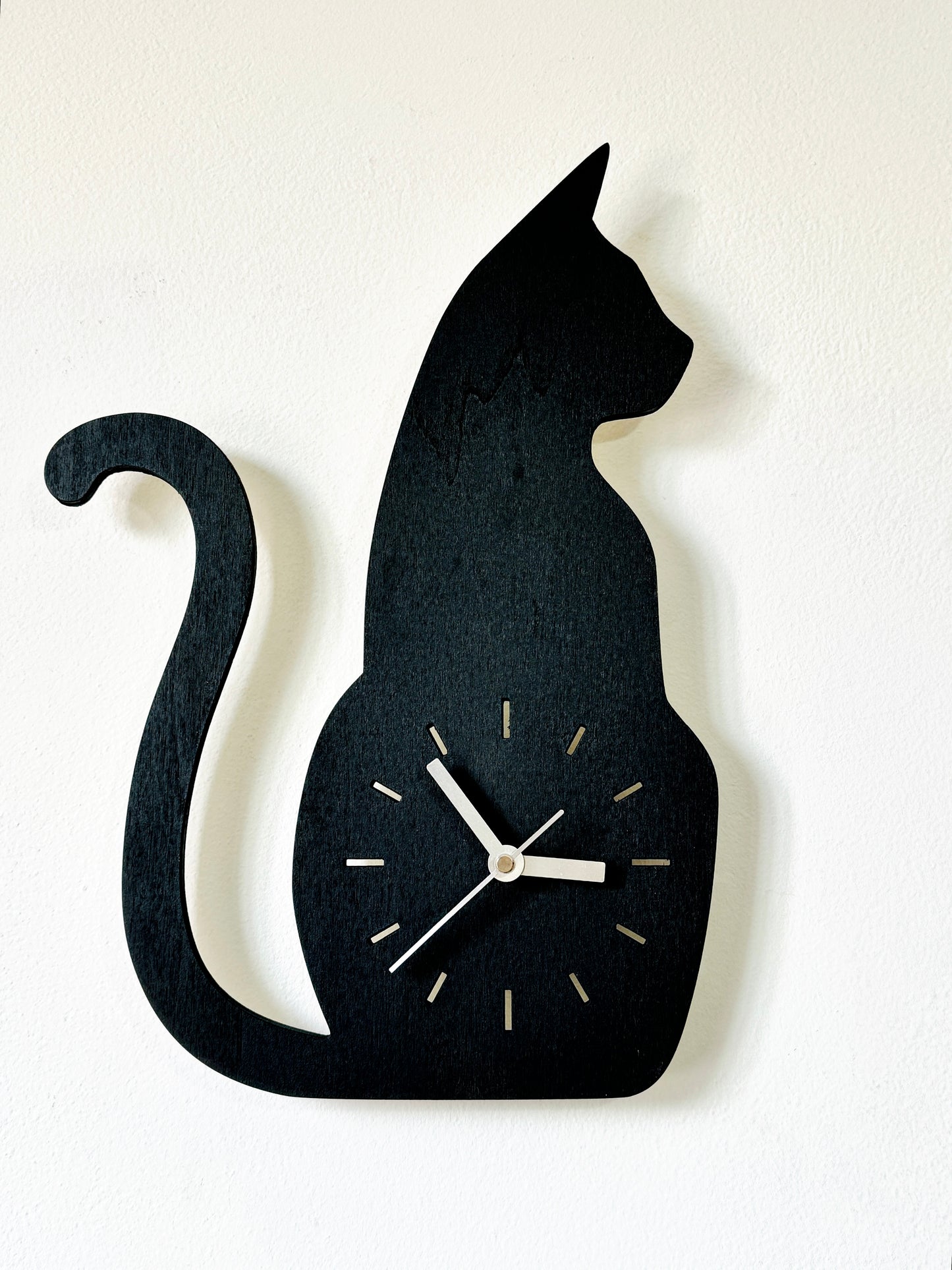 Black & Gold Cat Wall Clock: Silent Sweep, Wood Wall Hanging