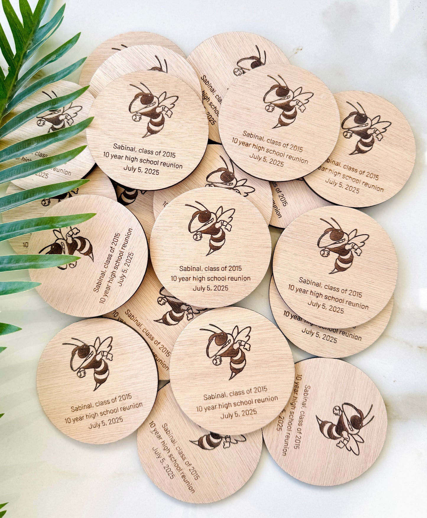 Custom Class Reunion Favors: Engraved Wood Tags, Coasters & Keychains