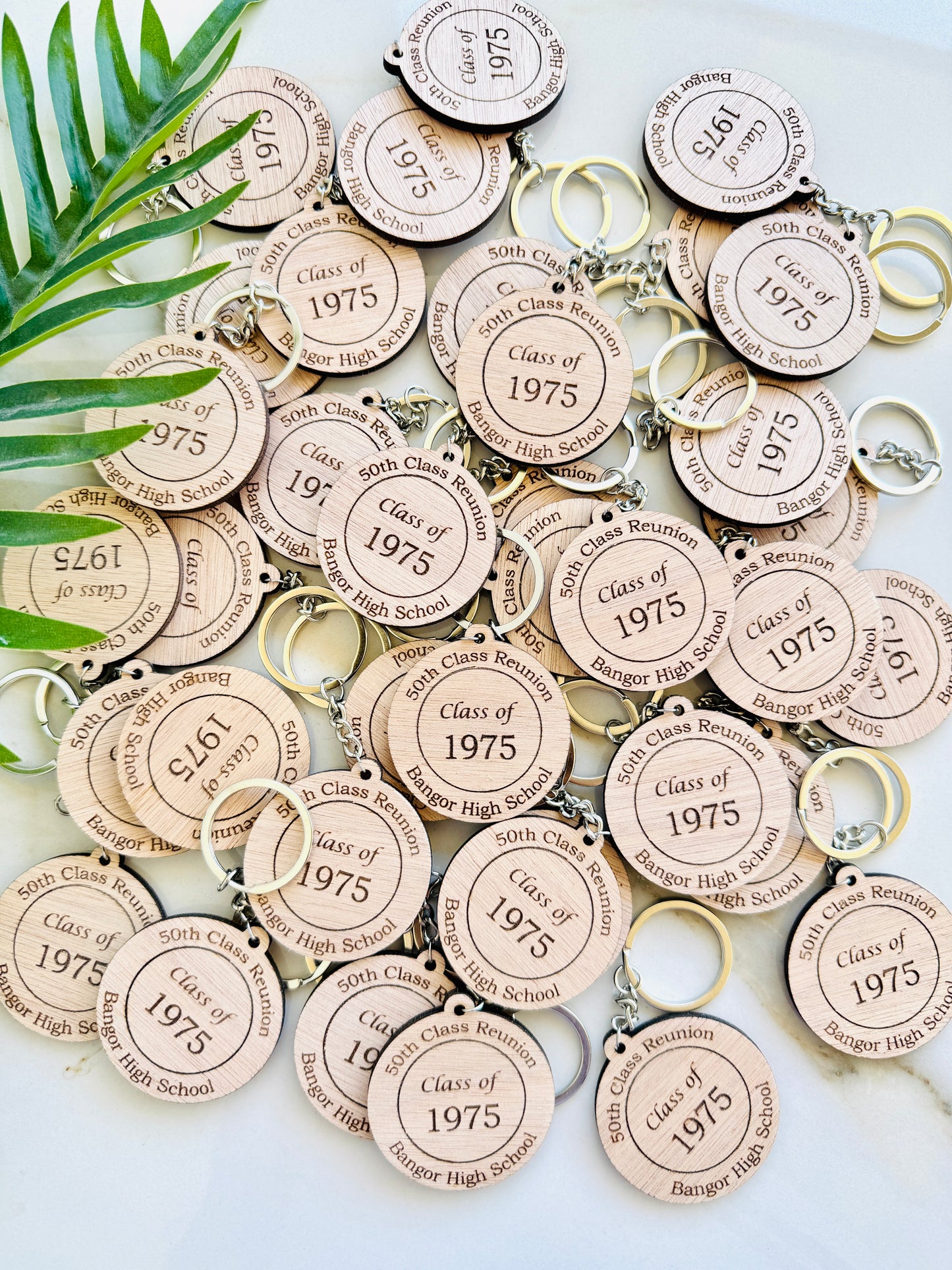 Custom Class Reunion Favors: Engraved Wood Tags, Coasters & Keychains