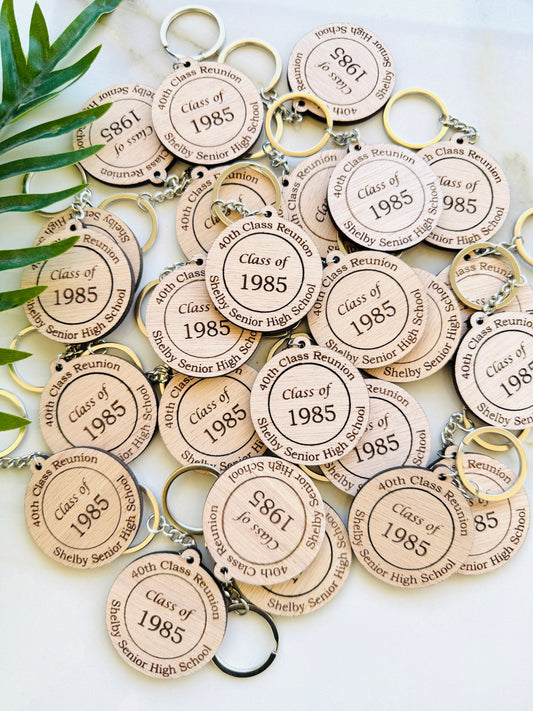 Class Reunion Favors in Bulk, Reunion Coasters, Sign Tags, Keychains, Custom Class Name Logo Tags, 10 & 50 Year Class Reunion Décor