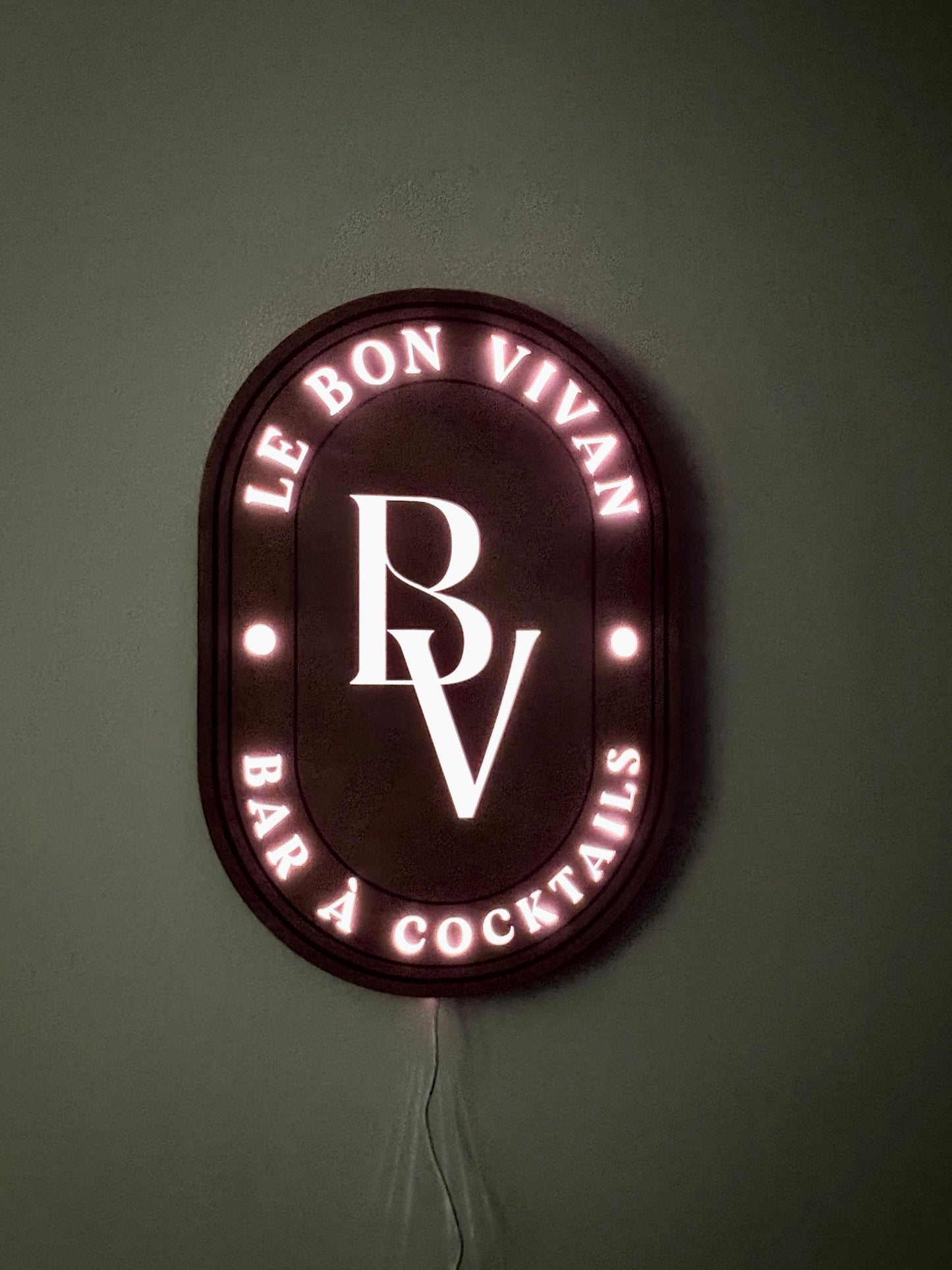 Custom LED logo wooden wall sign with multicolor lights, personalized shape, 50cm wide