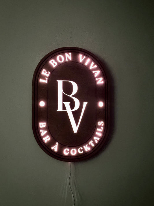 Custom LED logo wooden wall sign with multicolor lights, personalized shape, 50cm wide