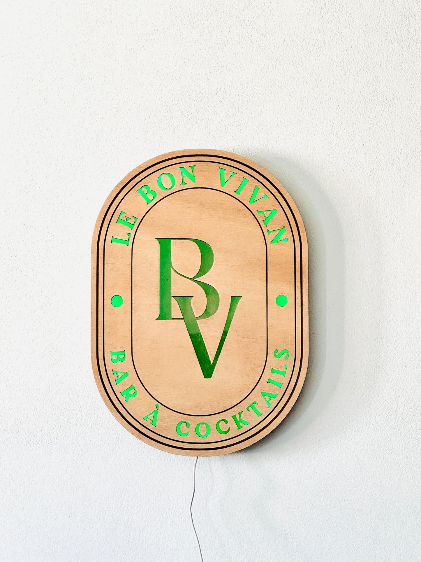 Personalized wooden wall hanging LED sign with laser-cut logo and multicolor LED lights