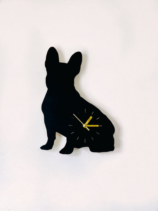 French Bulldog Wall Clock: Black Silhouette Wooden Frenchie Decor