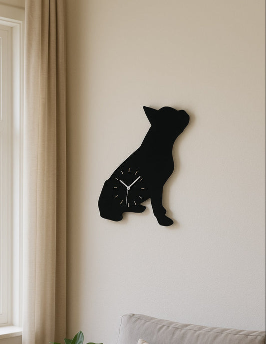French Bulldog Wall Clock: Black Silhouette Wooden Frenchie Decor