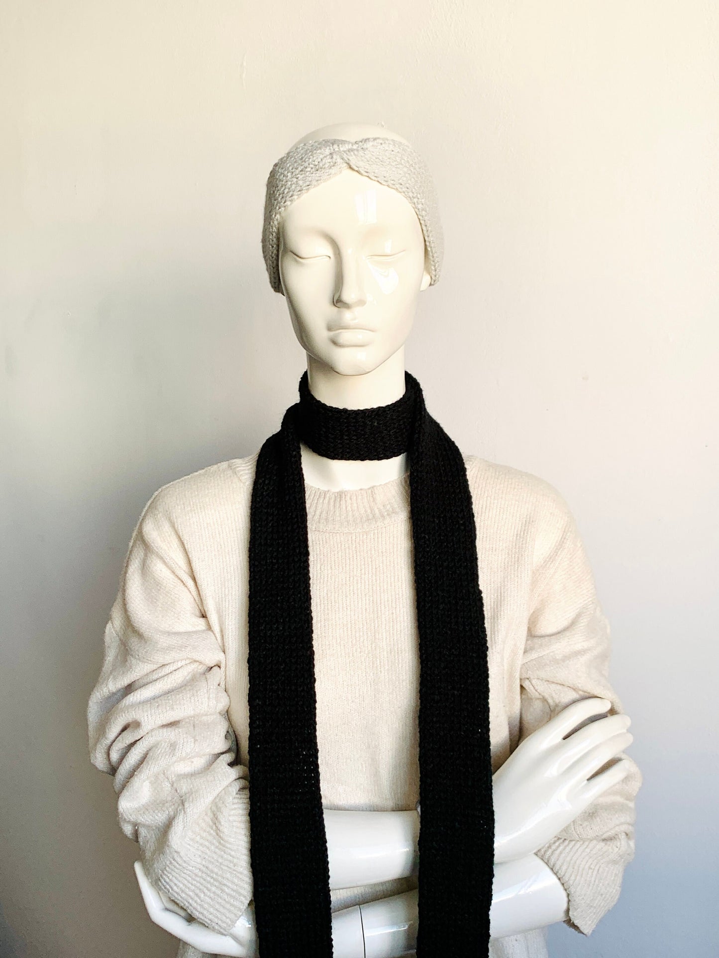 Handmade black knit skinny scarf for women, long double-sided tube scarf tie, soft and lightweight accessory for everyday wear or gifting
